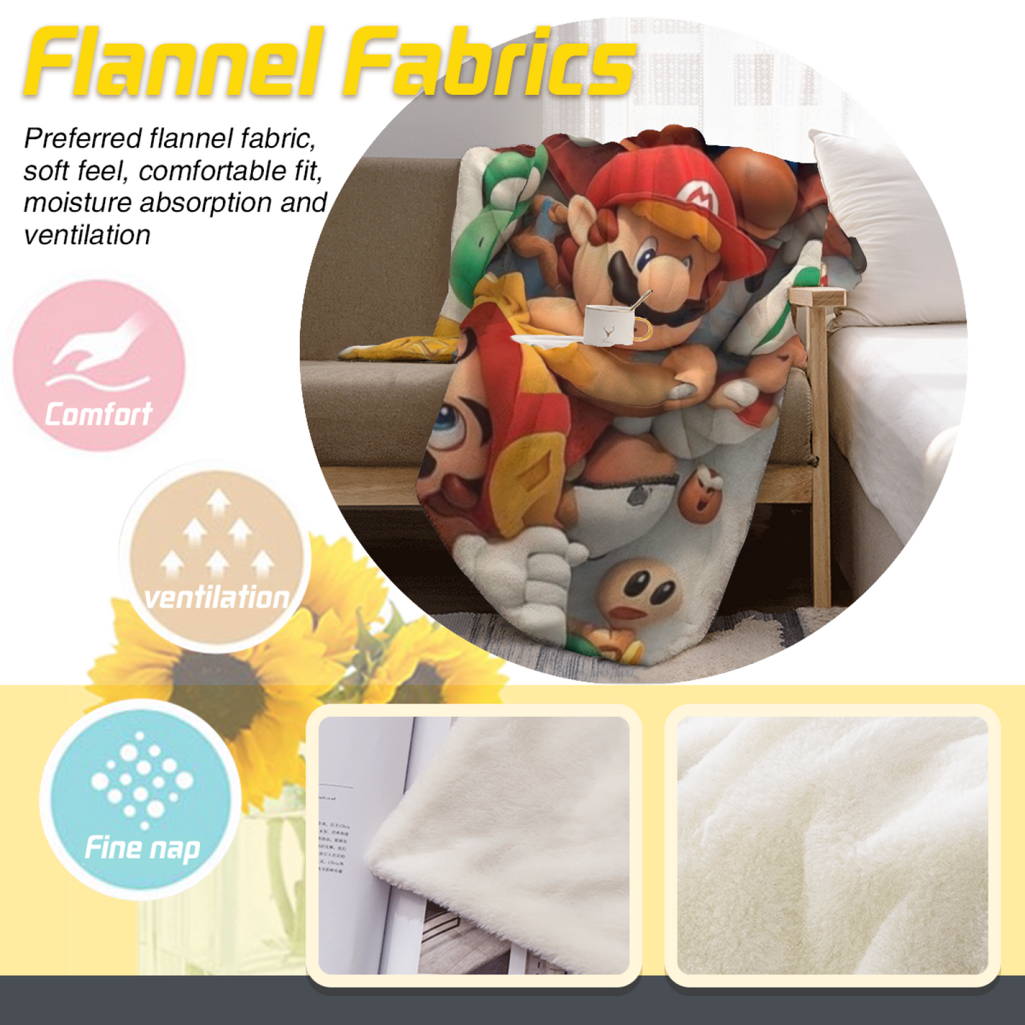 Super Mario Character Flannel Throw Blanket ¨C Colorful Gaming Cartoon Print