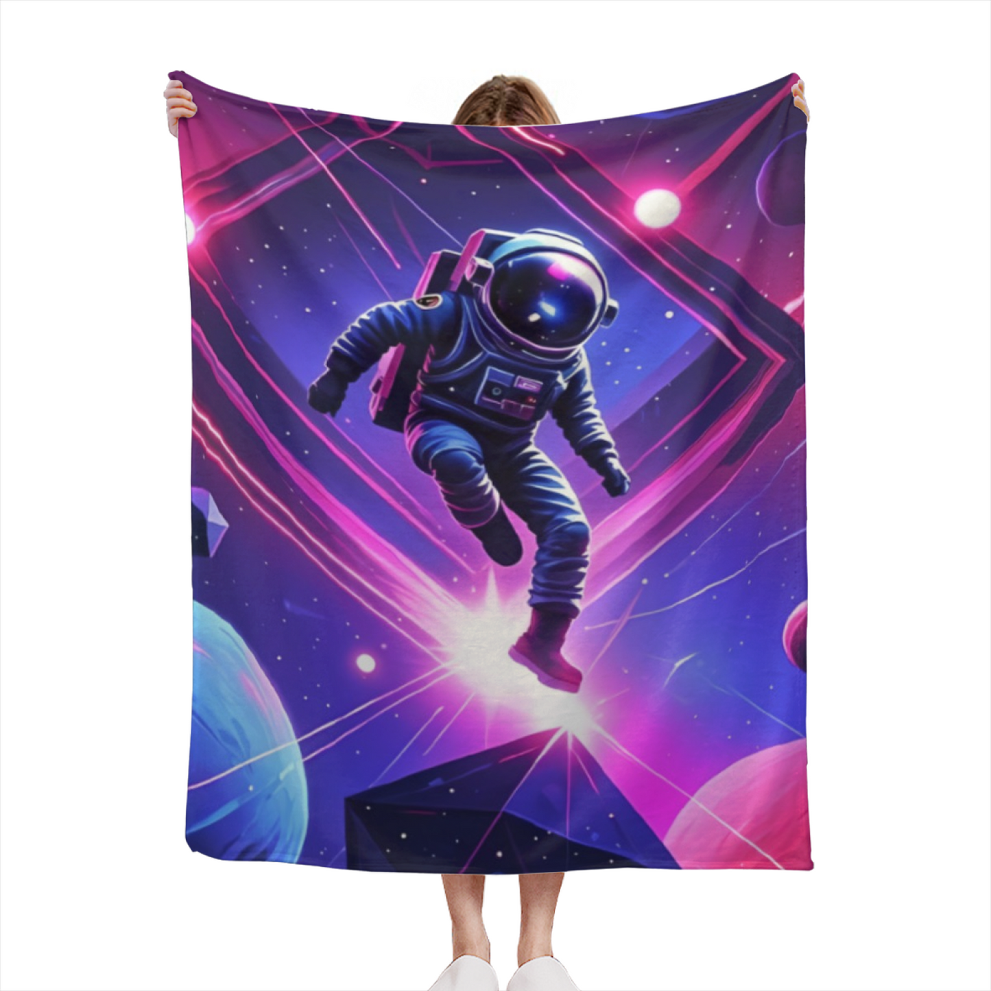 Neon Space Astronaut Flannel Throw Blanket ¨C Futuristic Purple and Pink Galaxy Art