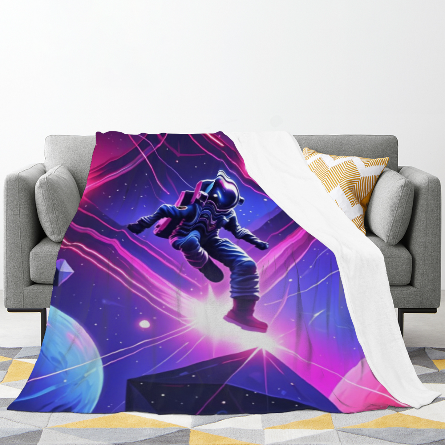 Neon Space Astronaut Flannel Throw Blanket ¨C Futuristic Purple and Pink Galaxy Art