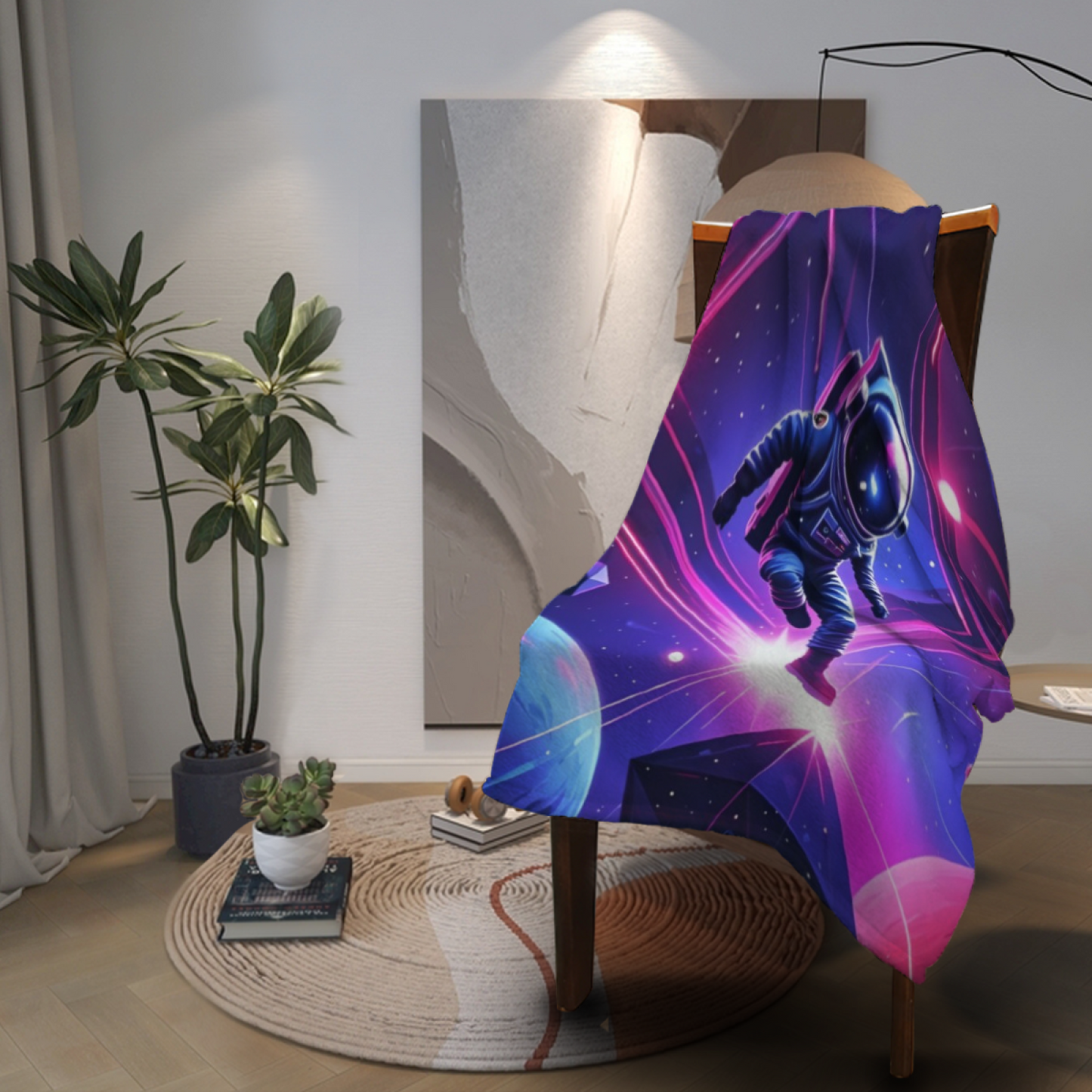 Neon Space Astronaut Flannel Throw Blanket ¨C Futuristic Purple and Pink Galaxy Art