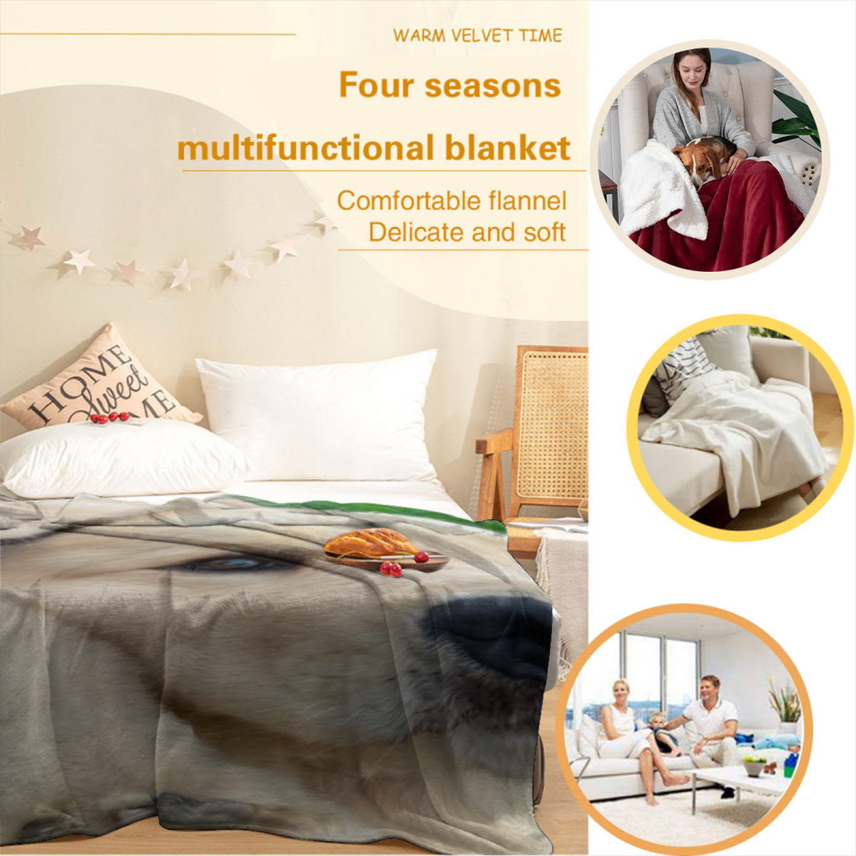 Enchanted Daydream Expressive Print Cozy Flannel Bed Blanket in Soft Neutral