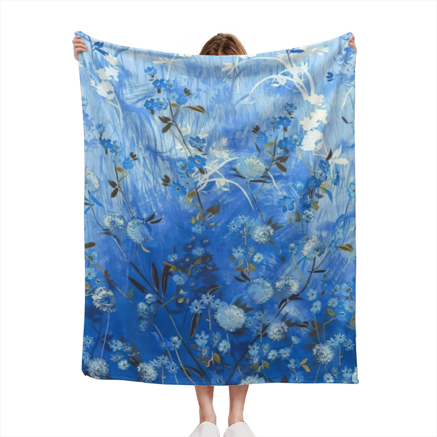 Blue Wildflower Flannel Throw Blanket ¨C Watercolor Meadow Botanical Print