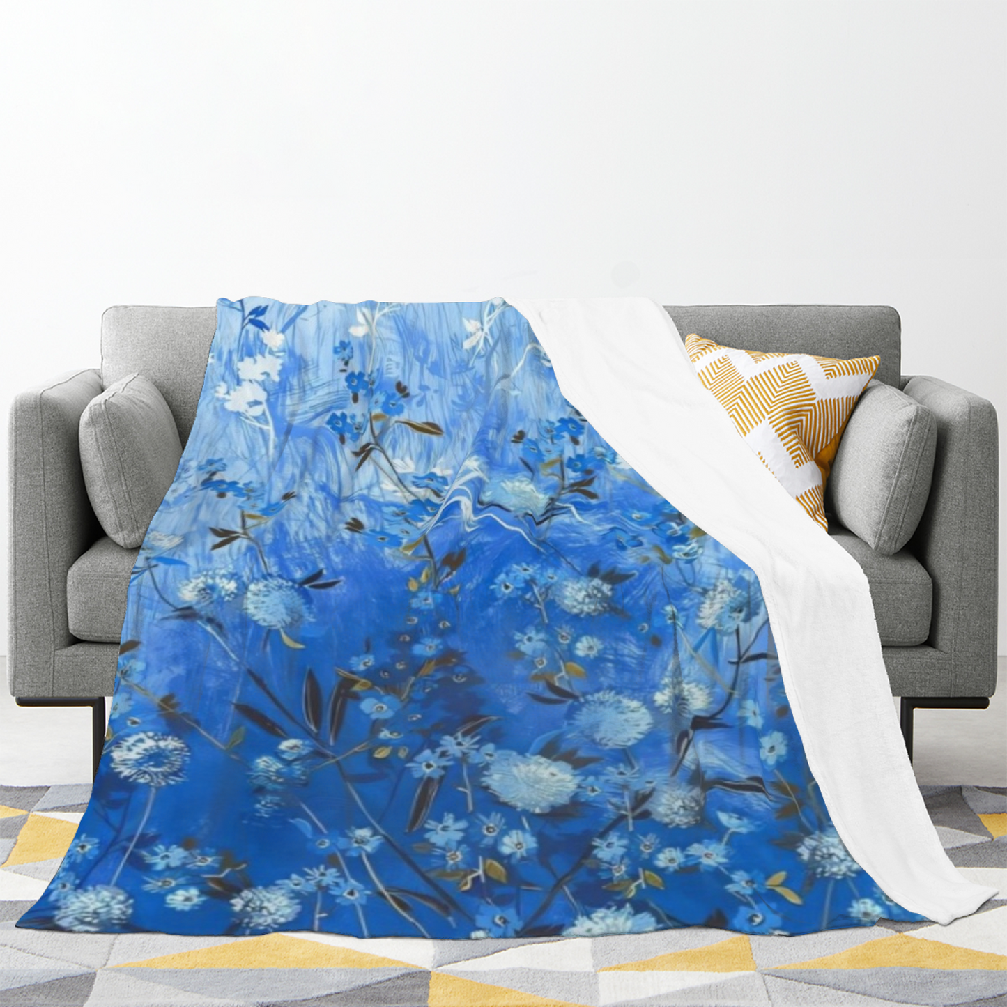 Blue Wildflower Flannel Throw Blanket ¨C Watercolor Meadow Botanical Print