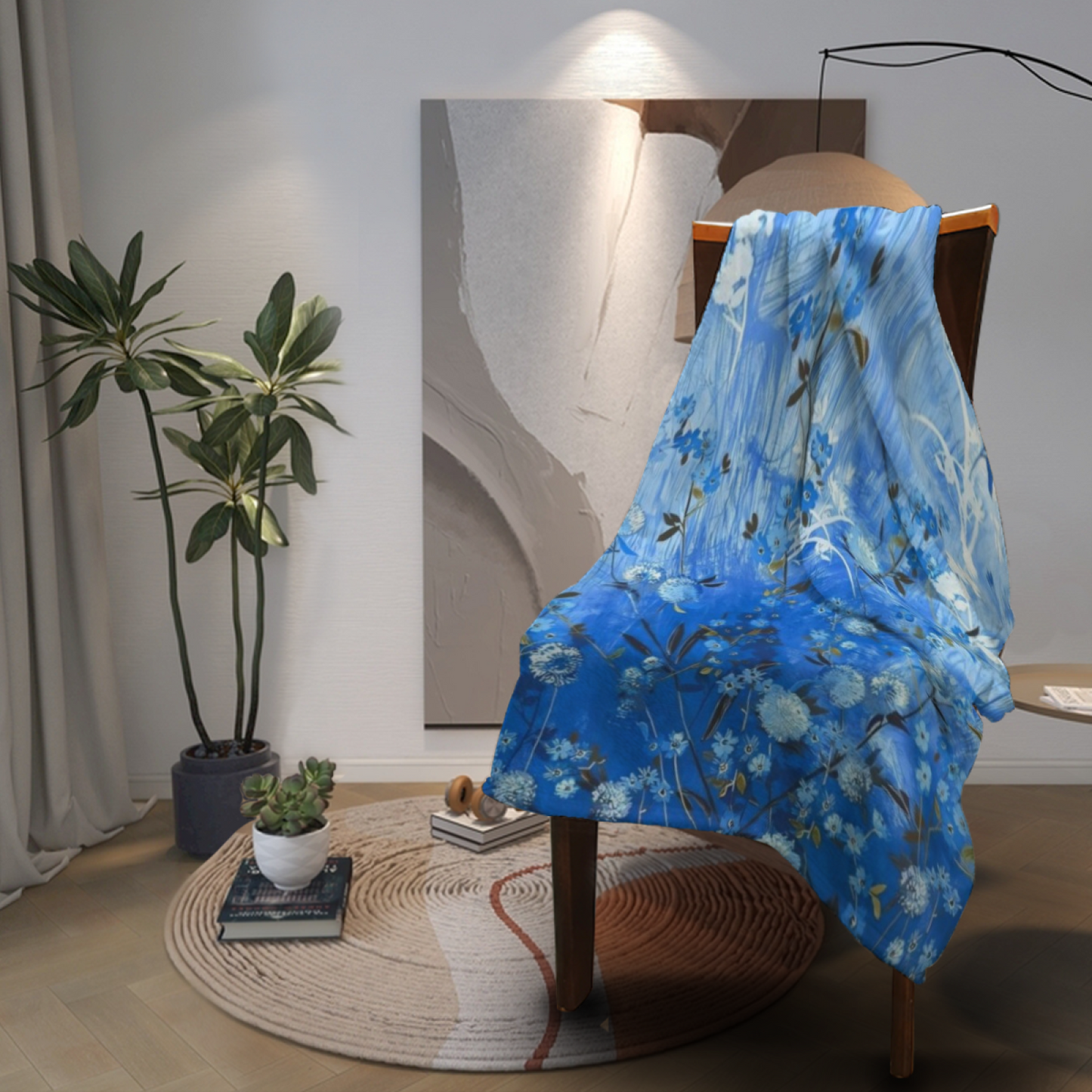 Blue Wildflower Flannel Throw Blanket ¨C Watercolor Meadow Botanical Print