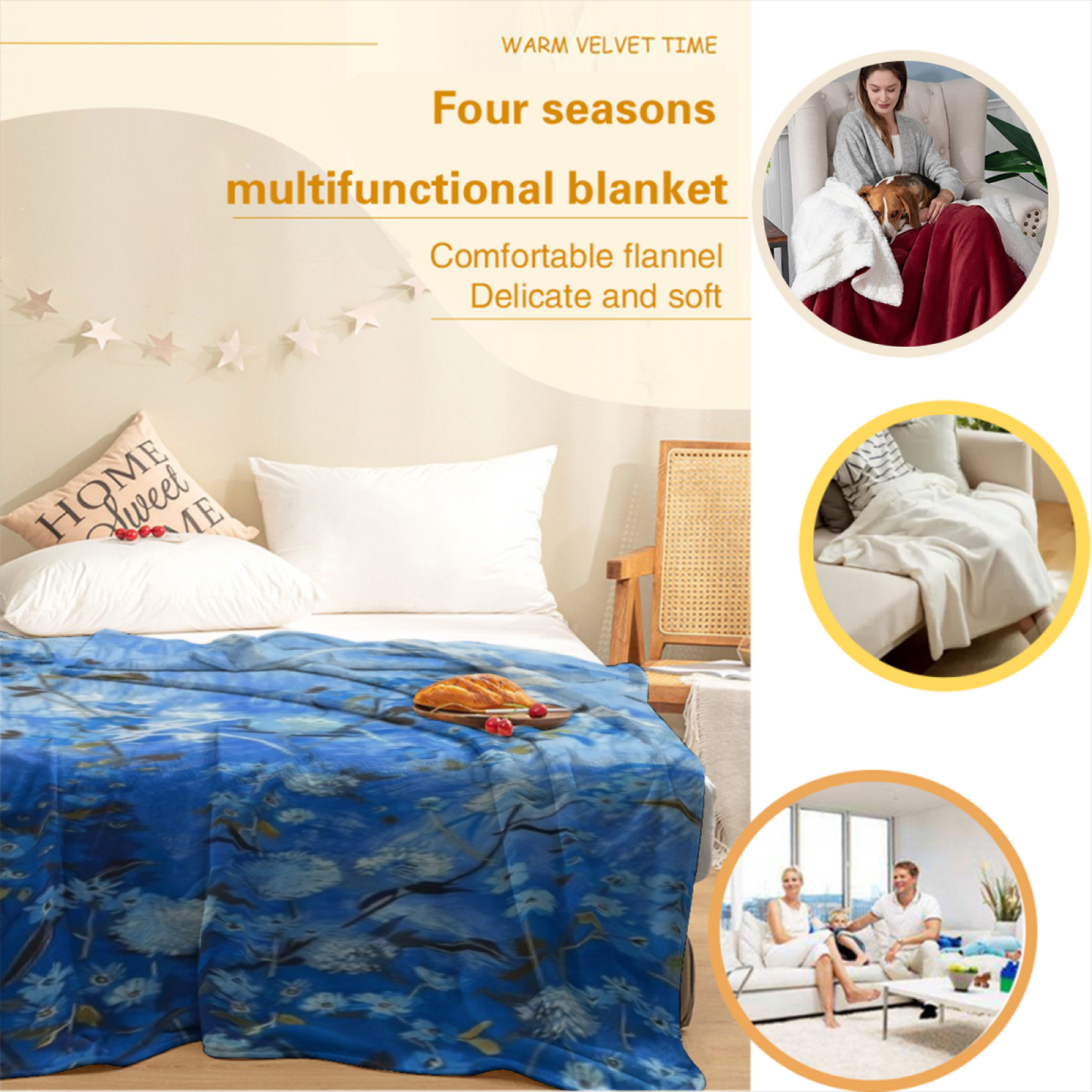 Blue Wildflower Flannel Throw Blanket ¨C Watercolor Meadow Botanical Print