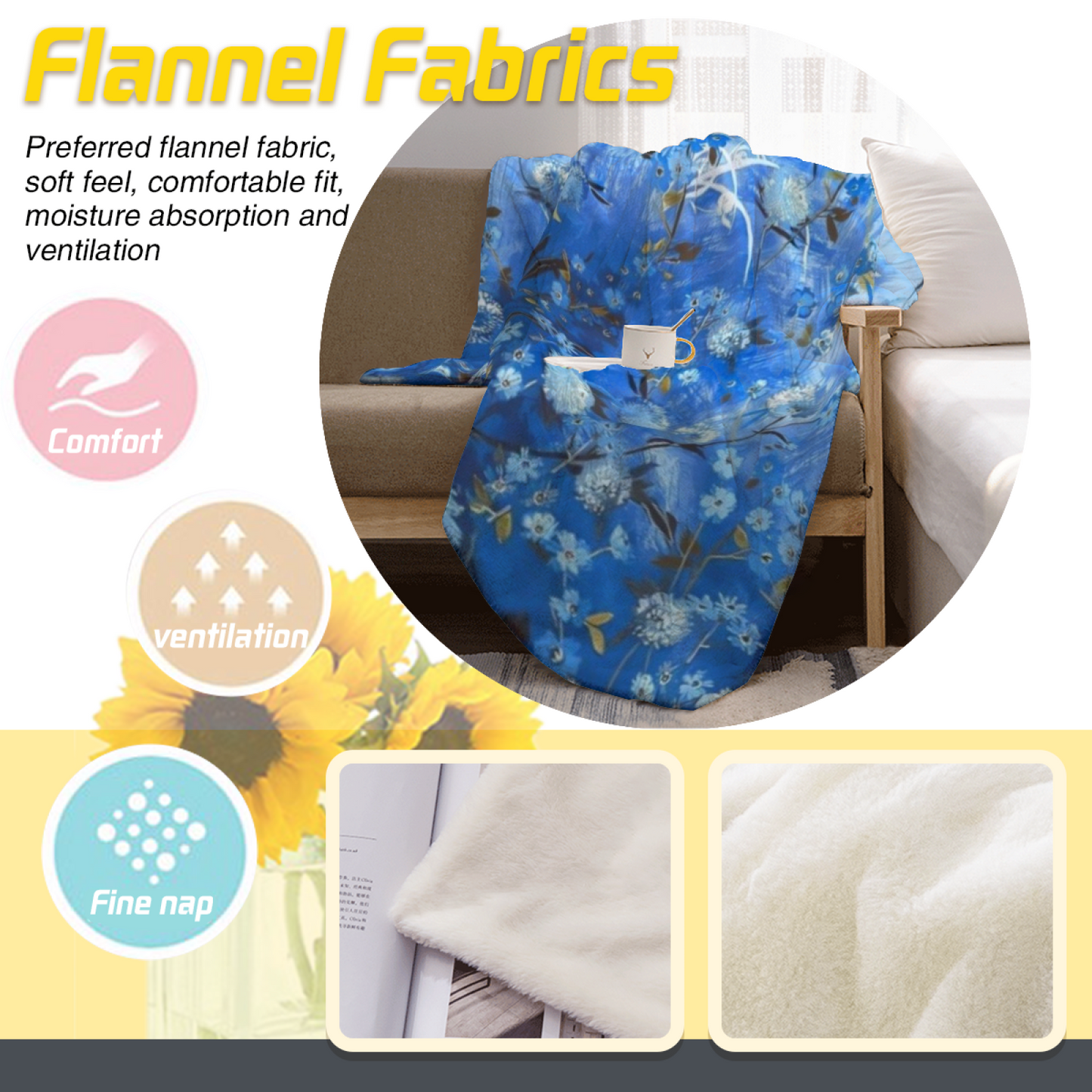 Blue Wildflower Flannel Throw Blanket ¨C Watercolor Meadow Botanical Print