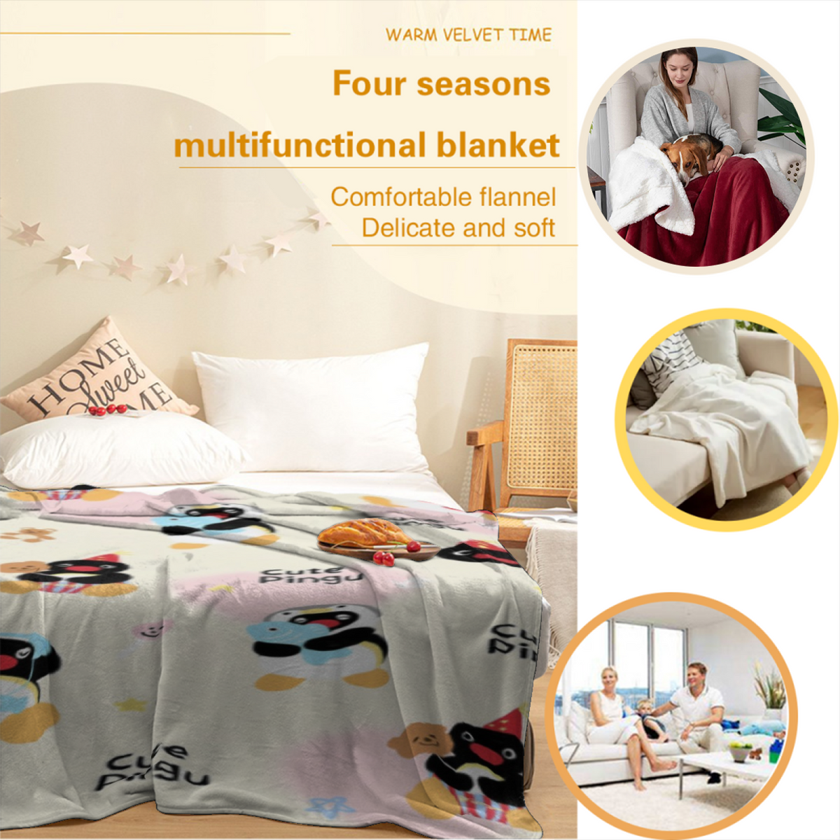 Marigold Galaxy Expressive Print Cozy Flannel Bed Blanket in Creamy Ivory