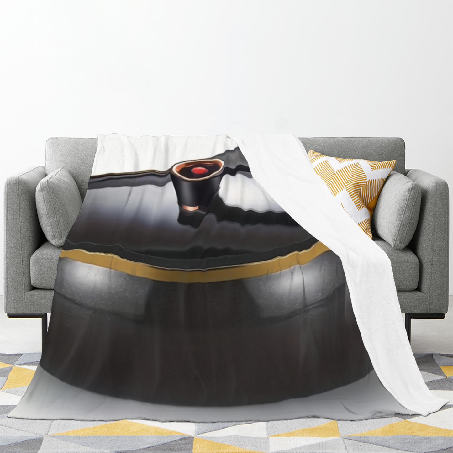Modern Turntable Flannel Throw Blanket ¨C Black and Gold Record Player Design
