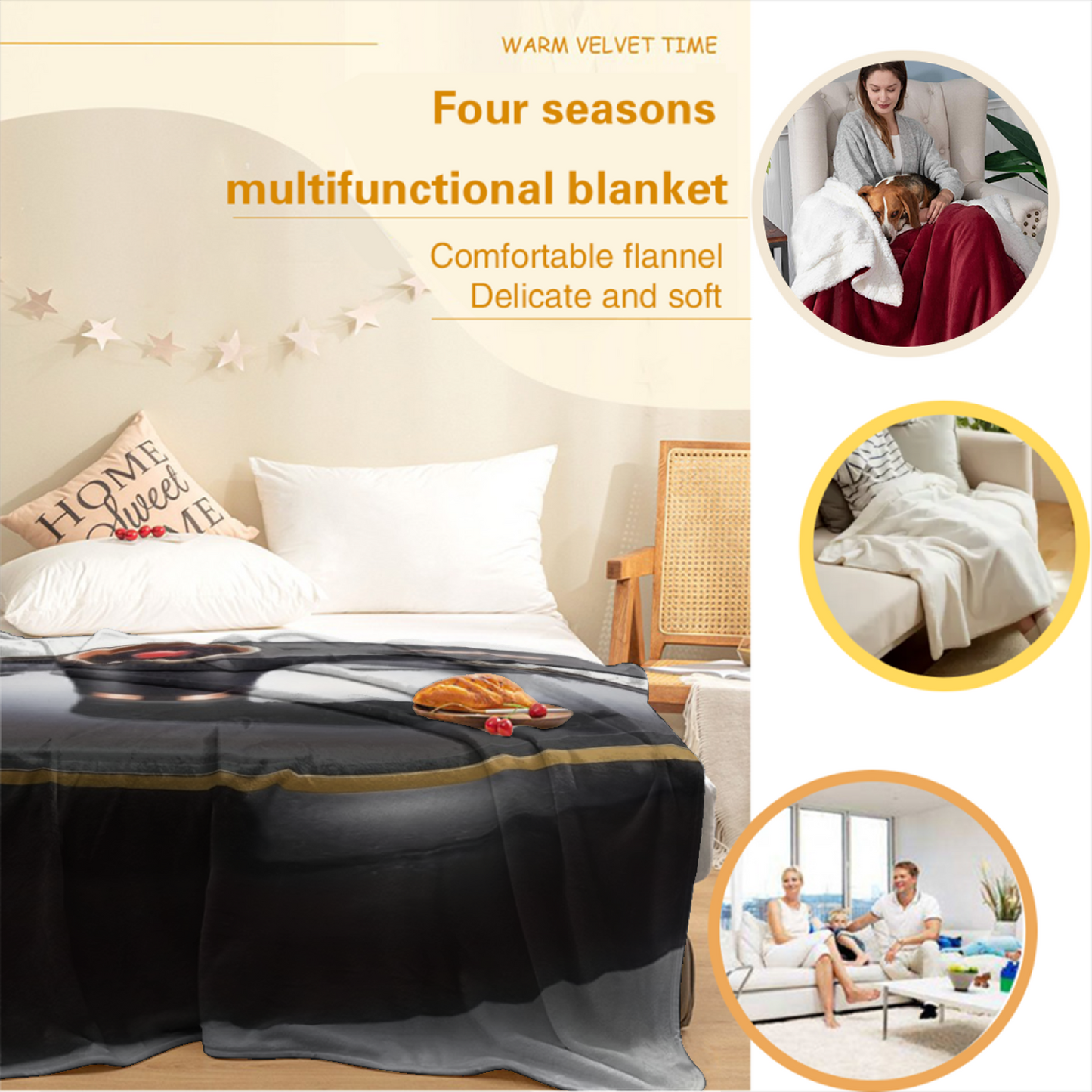 Modern Turntable Flannel Throw Blanket ¨C Black and Gold Record Player Design