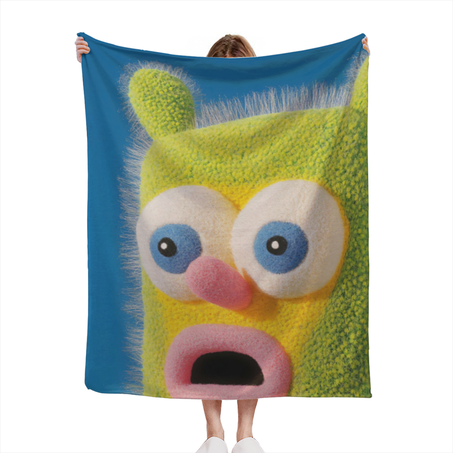 Funny Green Fuzzy Character Throw Blanket ¨C Cute Cartoon Face Printed Cozy Blanket