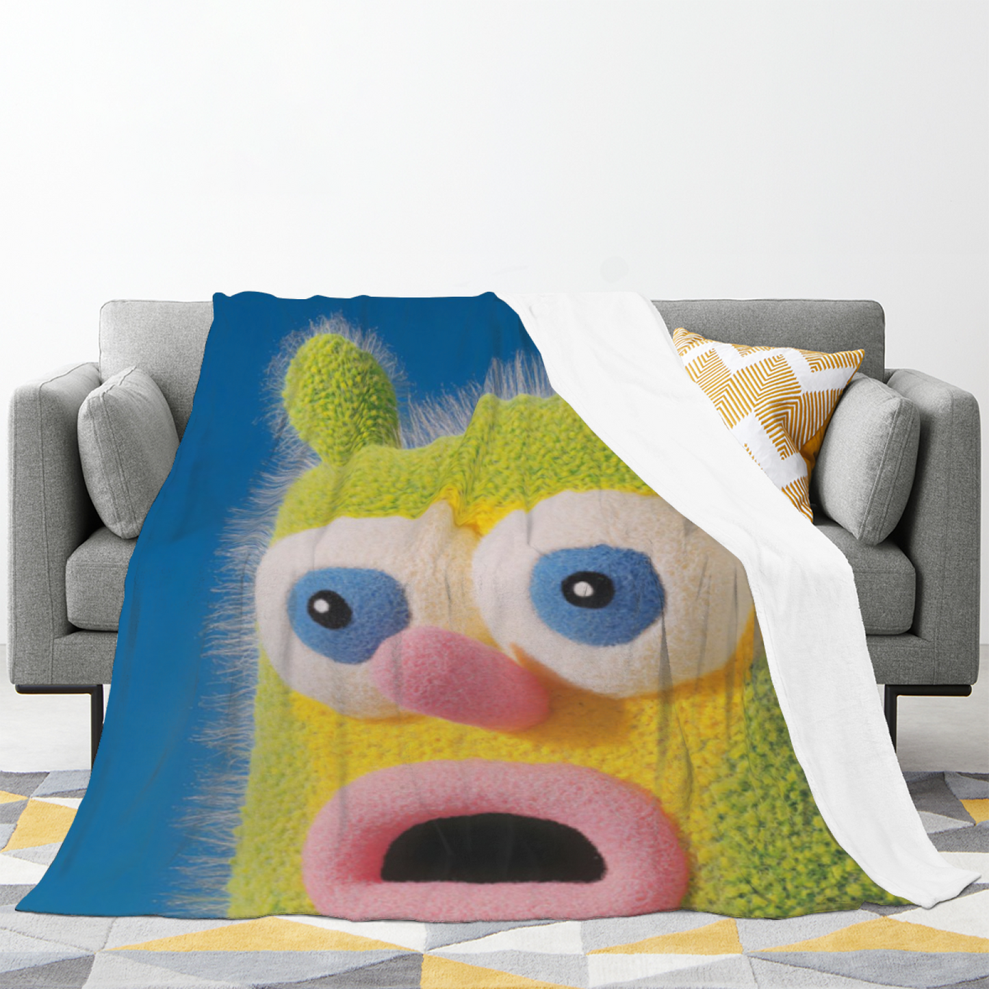 Funny Green Fuzzy Character Throw Blanket ¨C Cute Cartoon Face Printed Cozy Blanket