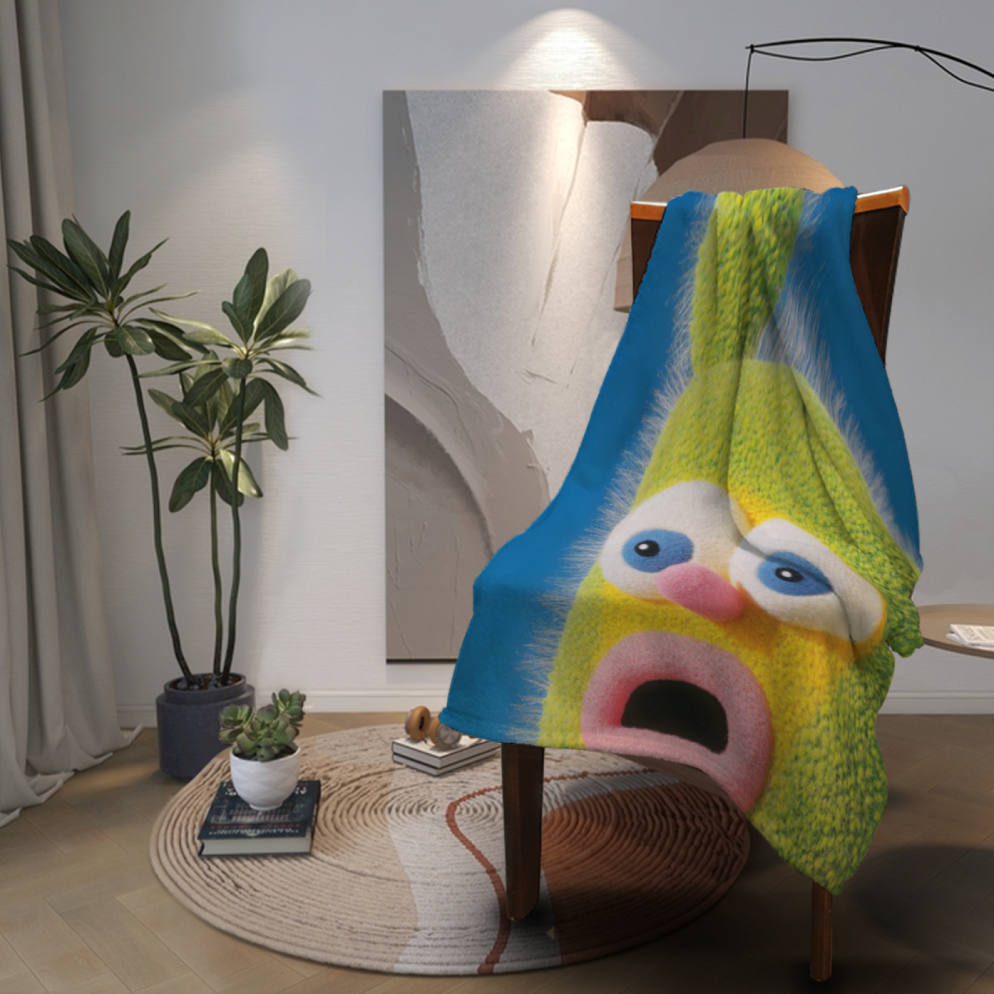 Funny Green Fuzzy Character Throw Blanket ¨C Cute Cartoon Face Printed Cozy Blanket