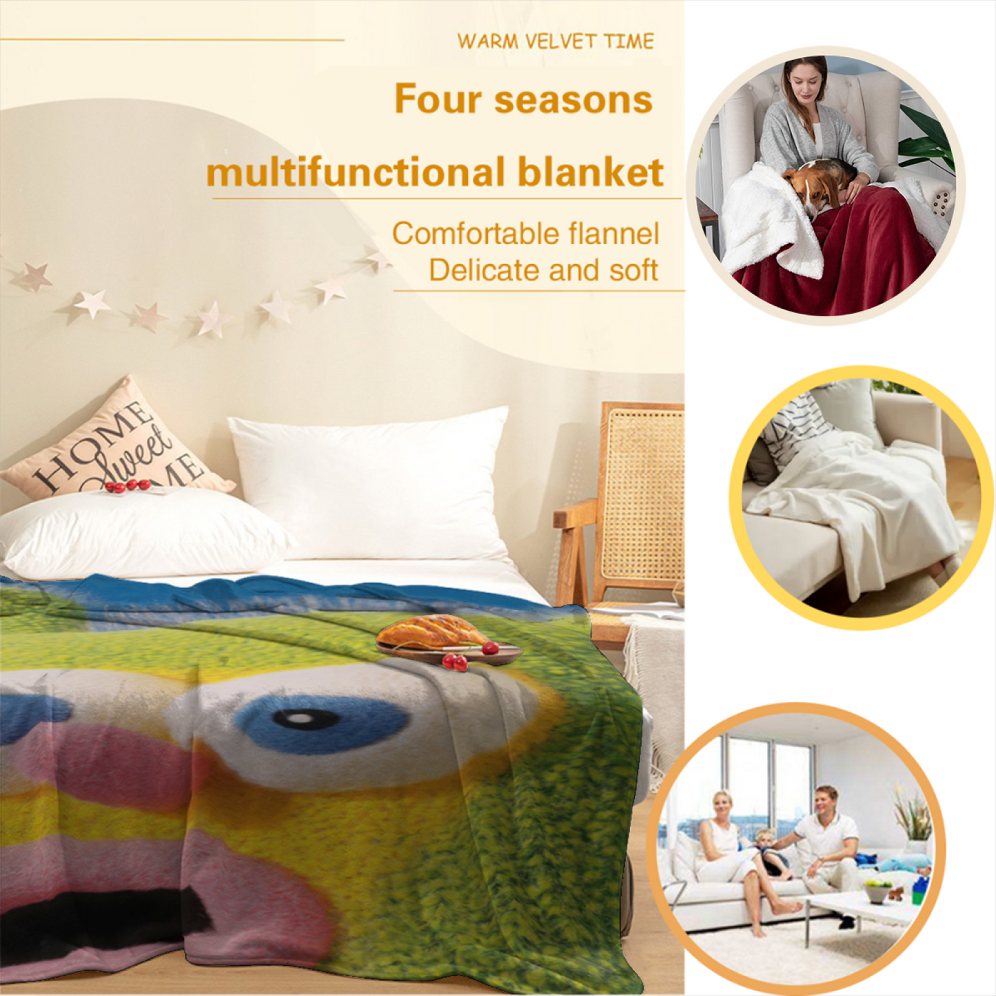 Funny Green Fuzzy Character Throw Blanket ¨C Cute Cartoon Face Printed Cozy Blanket