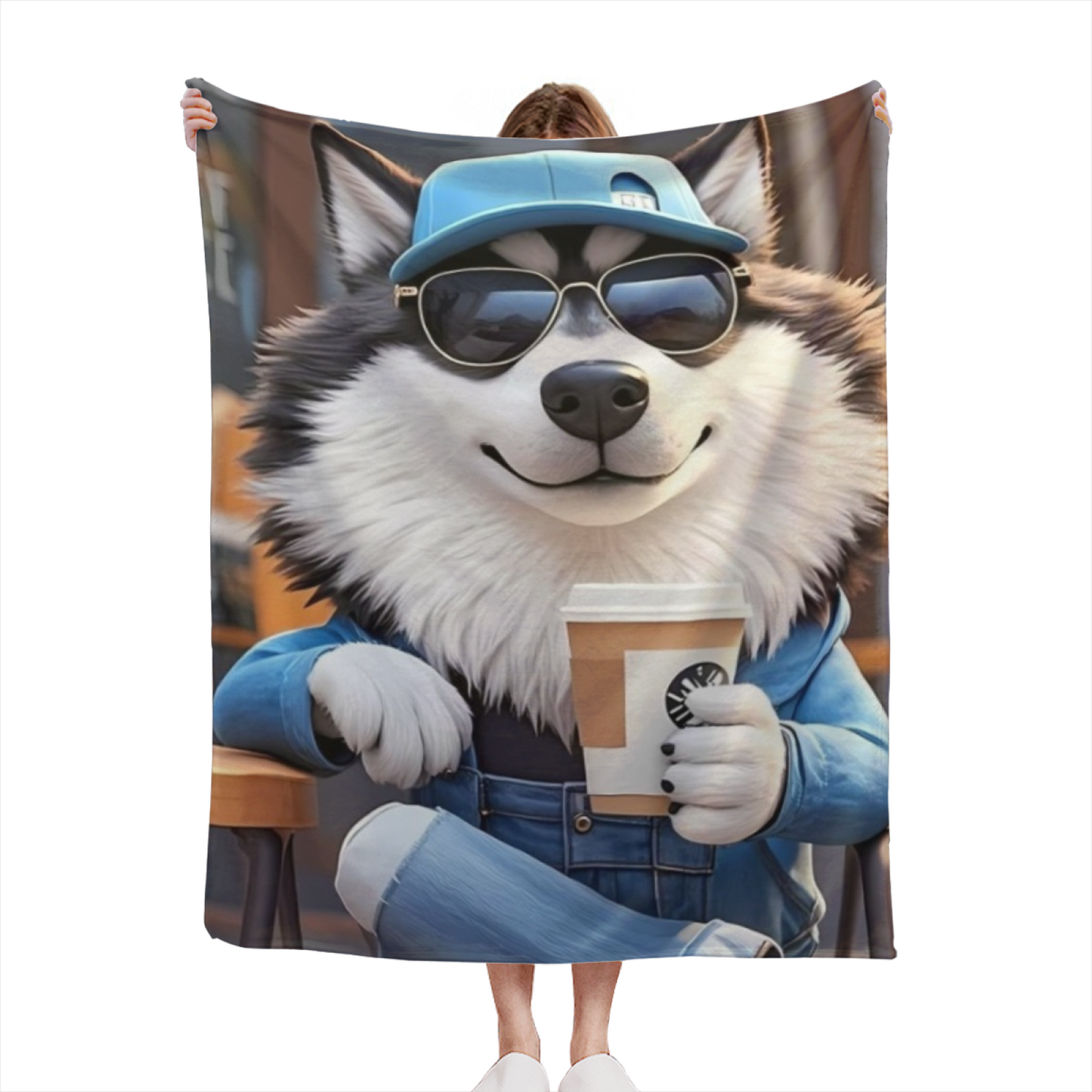 Cool Husky Dog Flannel Throw Blanket ¨C Sunglasses and Coffee Shop Style