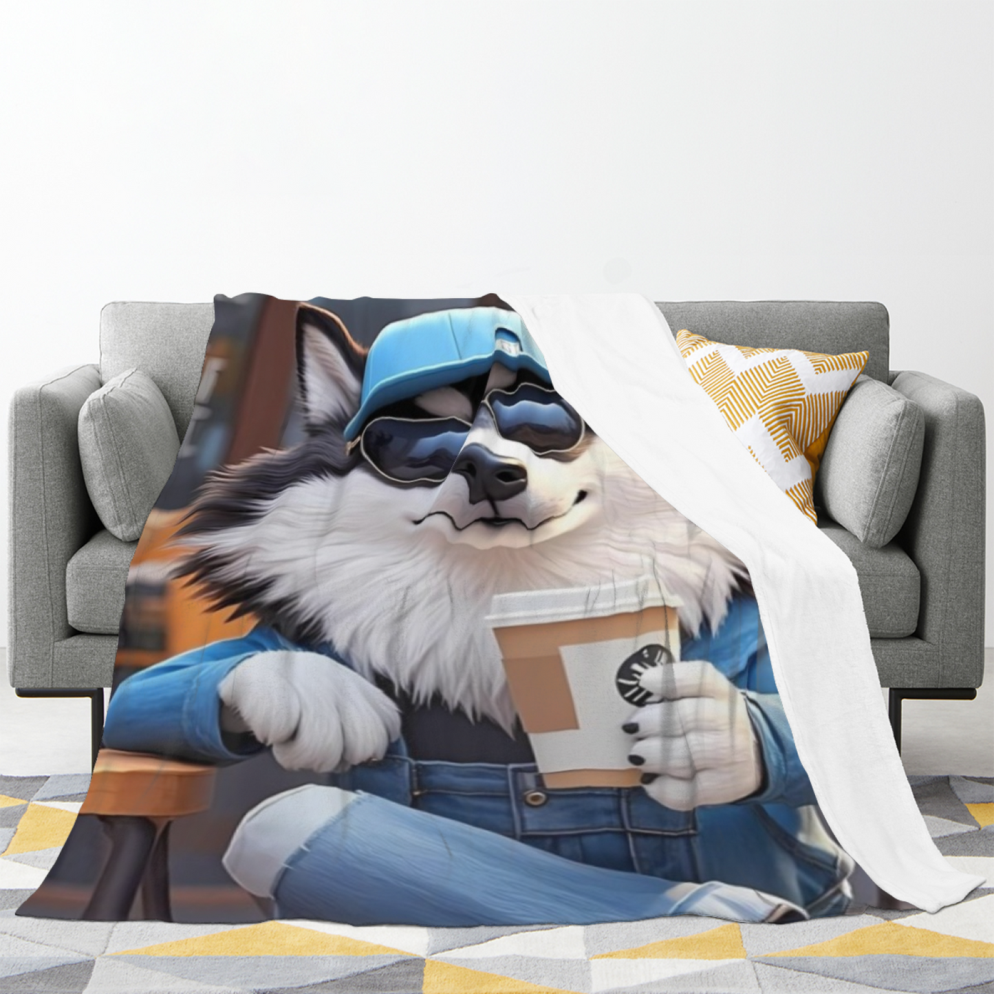 Cool Husky Dog Flannel Throw Blanket ¨C Sunglasses and Coffee Shop Style