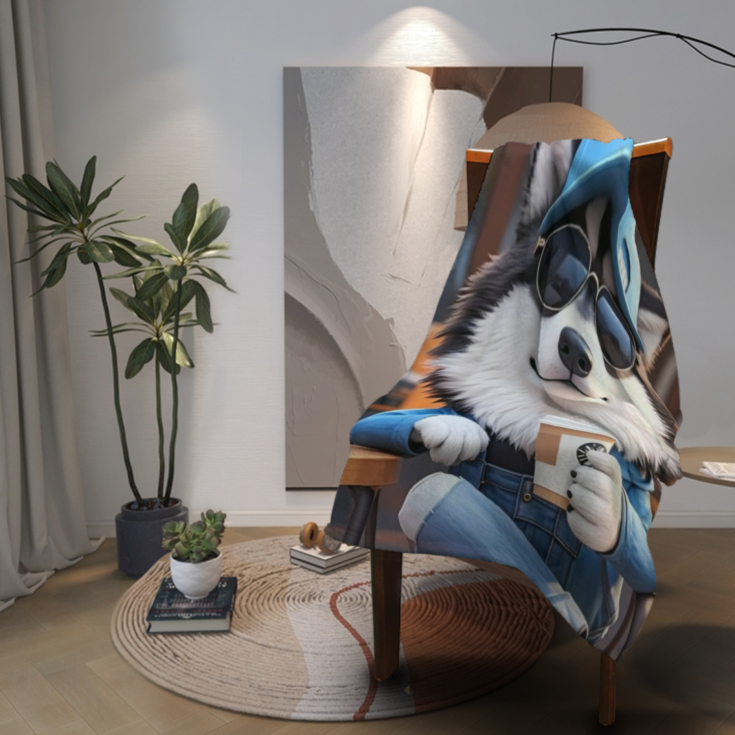 Cool Husky Dog Flannel Throw Blanket ¨C Sunglasses and Coffee Shop Style
