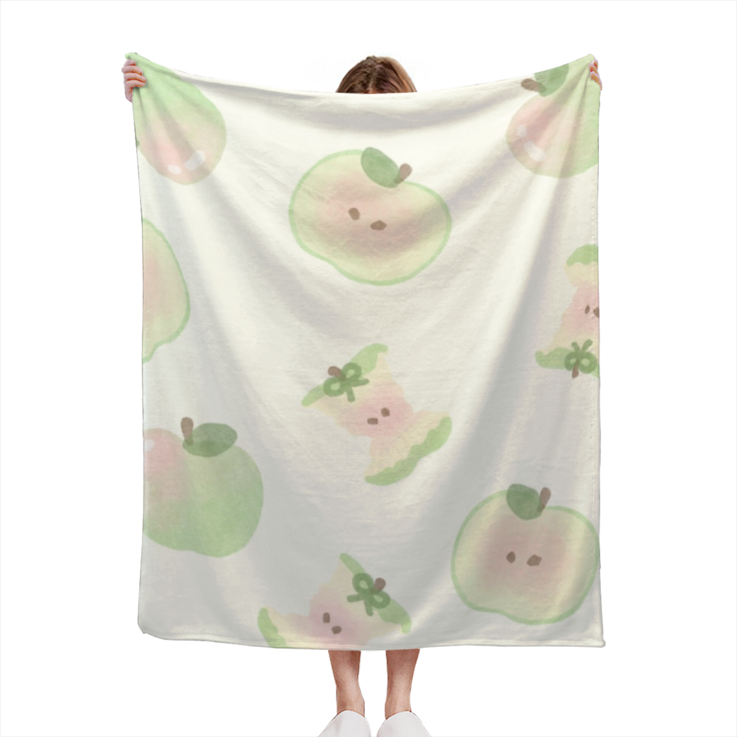 Pastel Apple and Character Flannel Throw Blanket ¨C Soft Green Kawaii Fruit Print