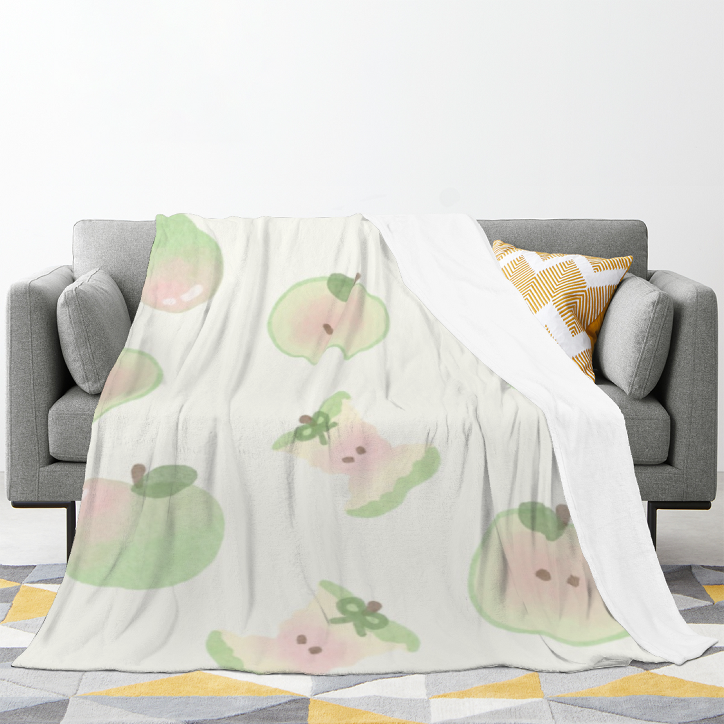 Pastel Apple and Character Flannel Throw Blanket ¨C Soft Green Kawaii Fruit Print