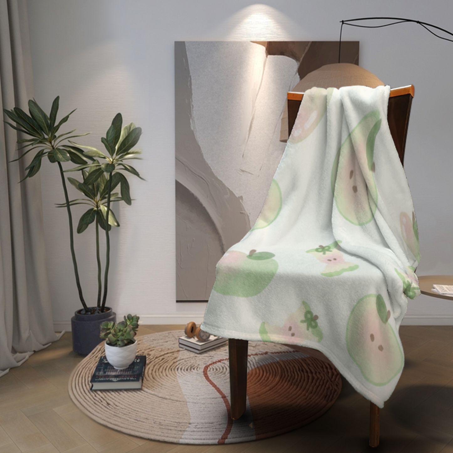 Pastel Apple and Character Flannel Throw Blanket ¨C Soft Green Kawaii Fruit Print
