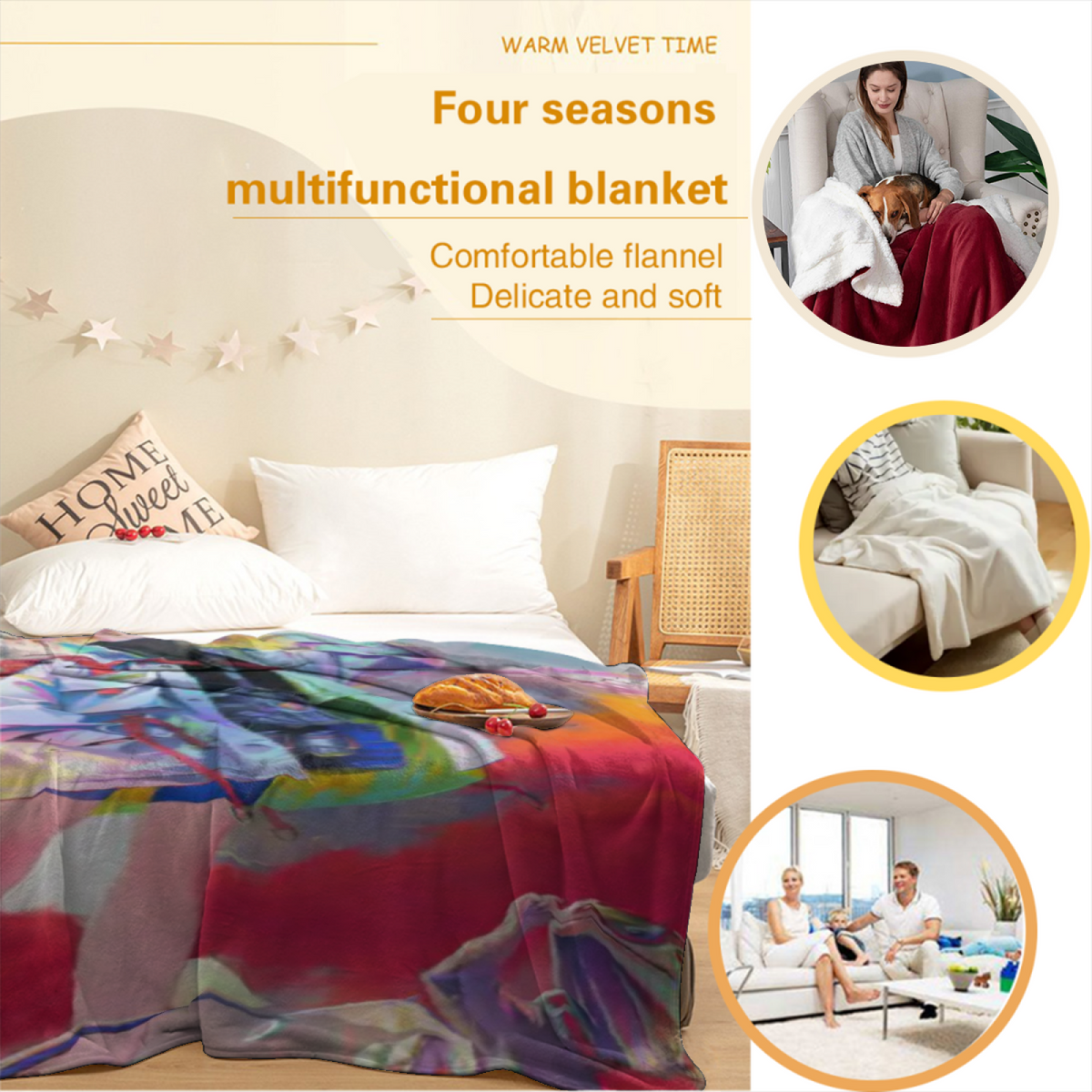 Decorative Flannel Blanket with Watercolor Mosaic Cozy Cottage Artwork