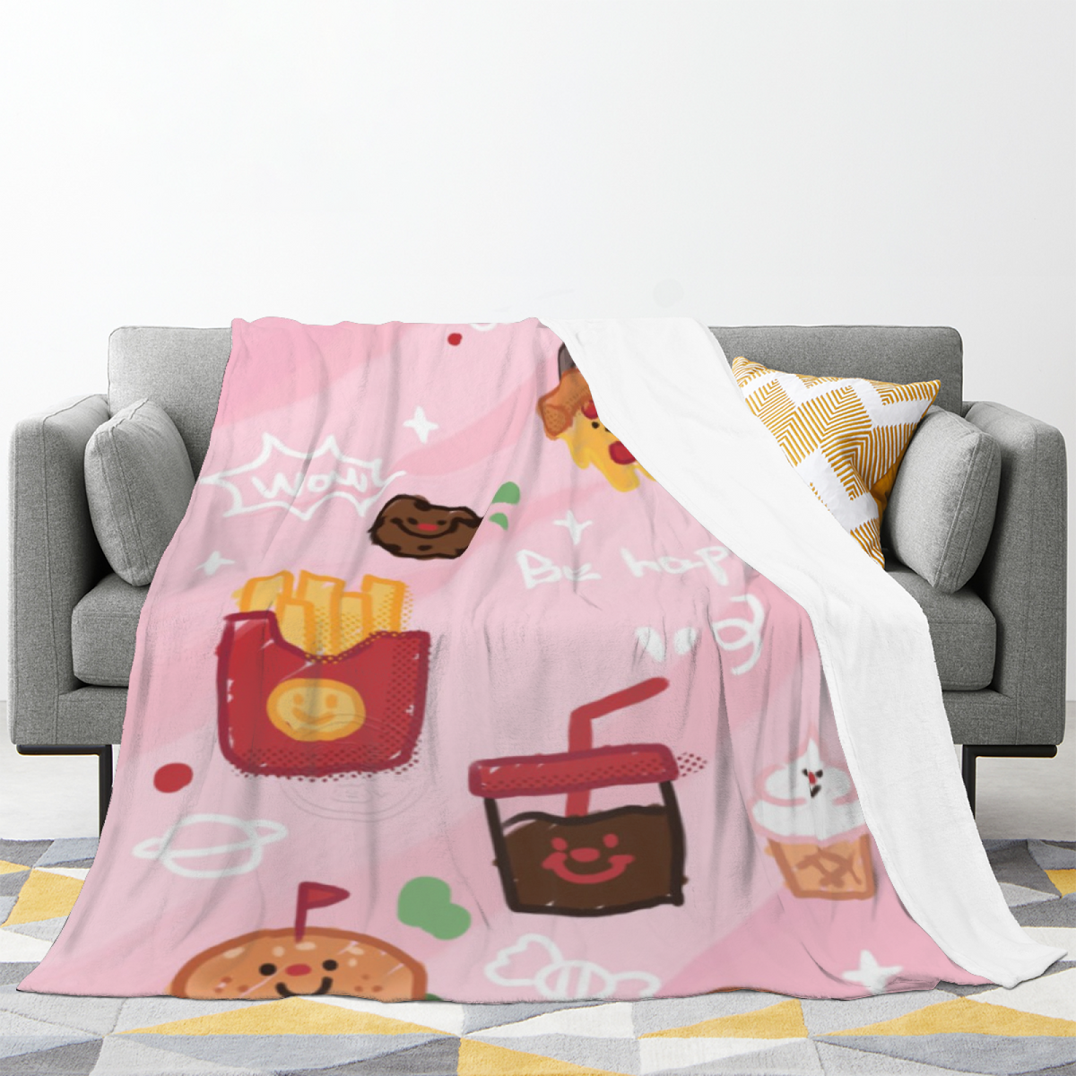 Pink Snack Time Kawaii Plush Flannel Throw