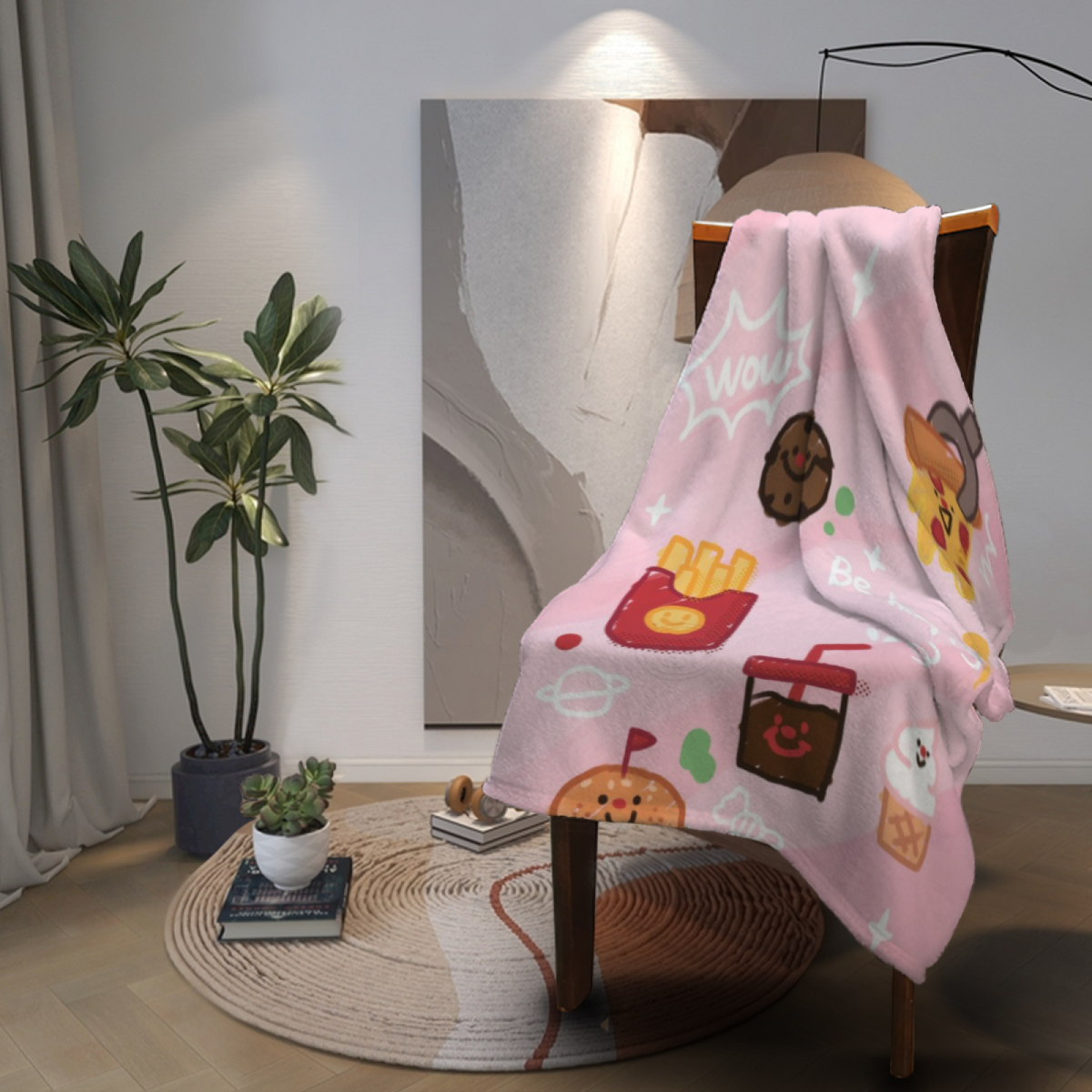 Pink Snack Time Kawaii Plush Flannel Throw