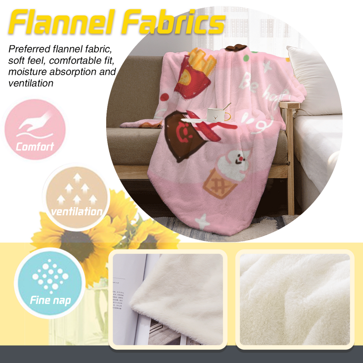 Pink Snack Time Kawaii Plush Flannel Throw