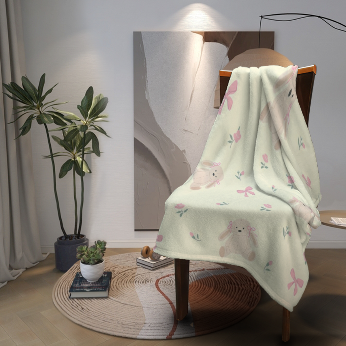 Flannel Throw Blanket with Watercolor Fern Cozy Cottage Artwork