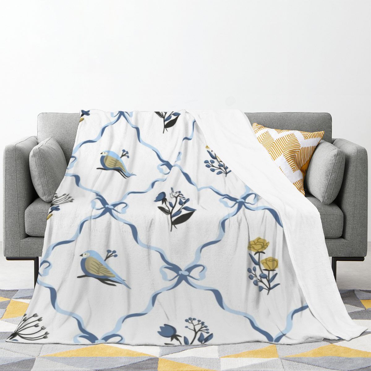 Marigold Thicket Expressive Print Cozy Flannel Bed Blanket in Creamy Ivory