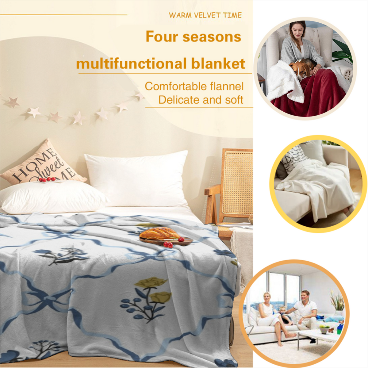 Marigold Thicket Expressive Print Cozy Flannel Bed Blanket in Creamy Ivory