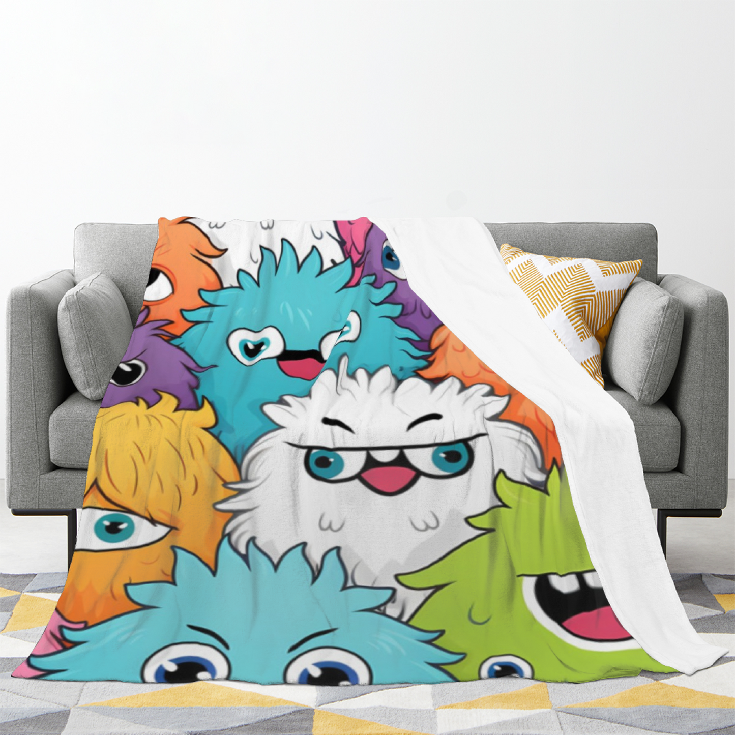 Colorful Cartoon Monster Flannel Throw Blanket ¨C Fun Multicolor Character Design