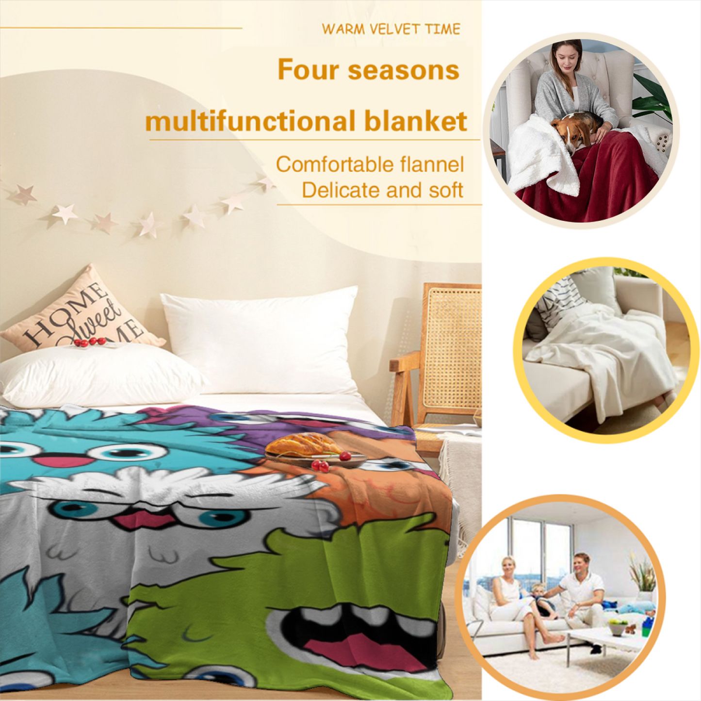 Colorful Cartoon Monster Flannel Throw Blanket ¨C Fun Multicolor Character Design