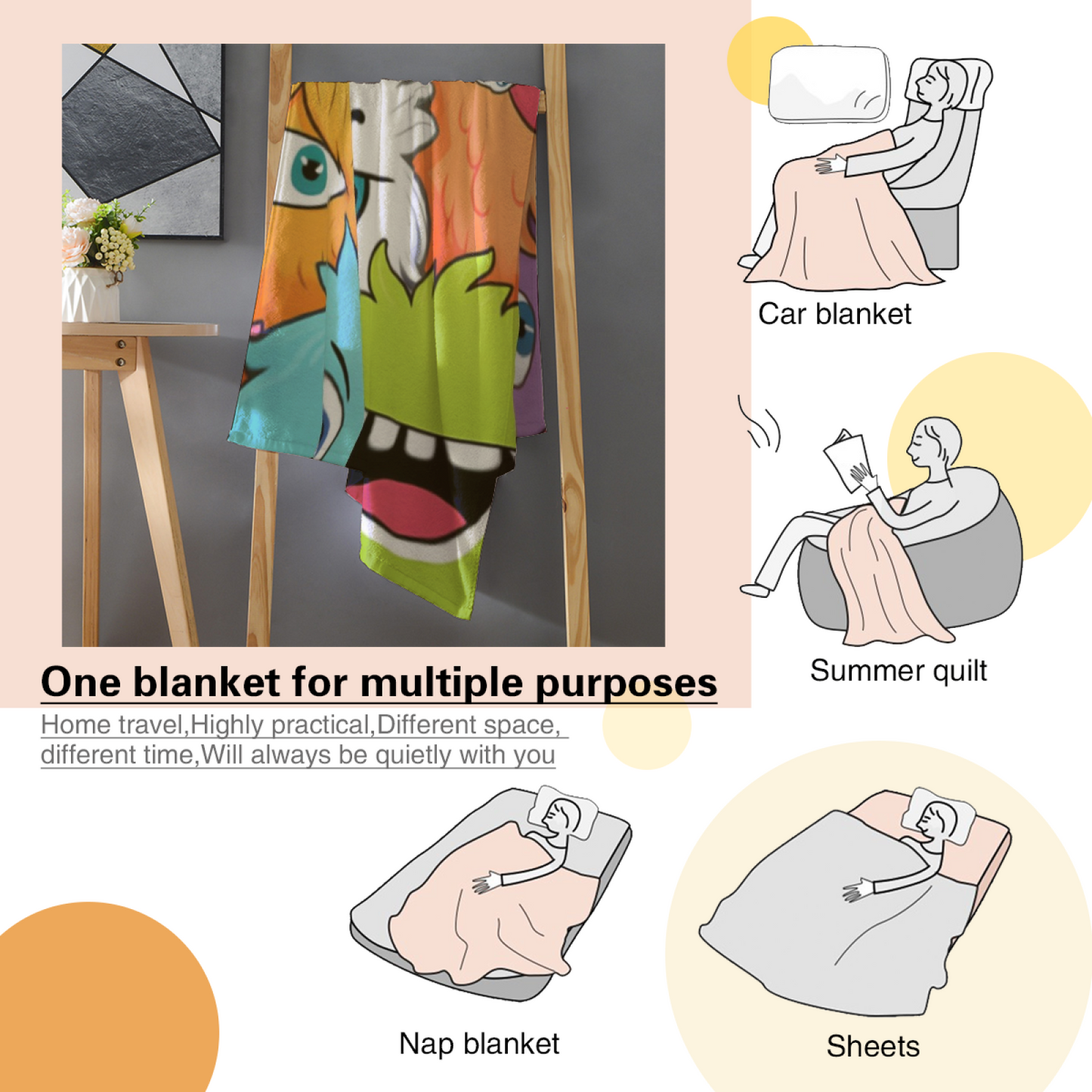 Colorful Cartoon Monster Flannel Throw Blanket ¨C Fun Multicolor Character Design