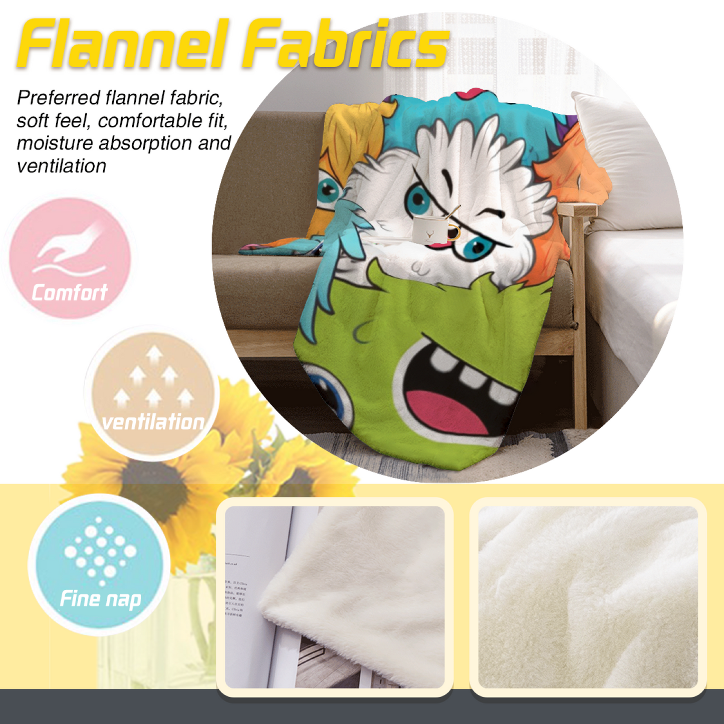 Colorful Cartoon Monster Flannel Throw Blanket ¨C Fun Multicolor Character Design