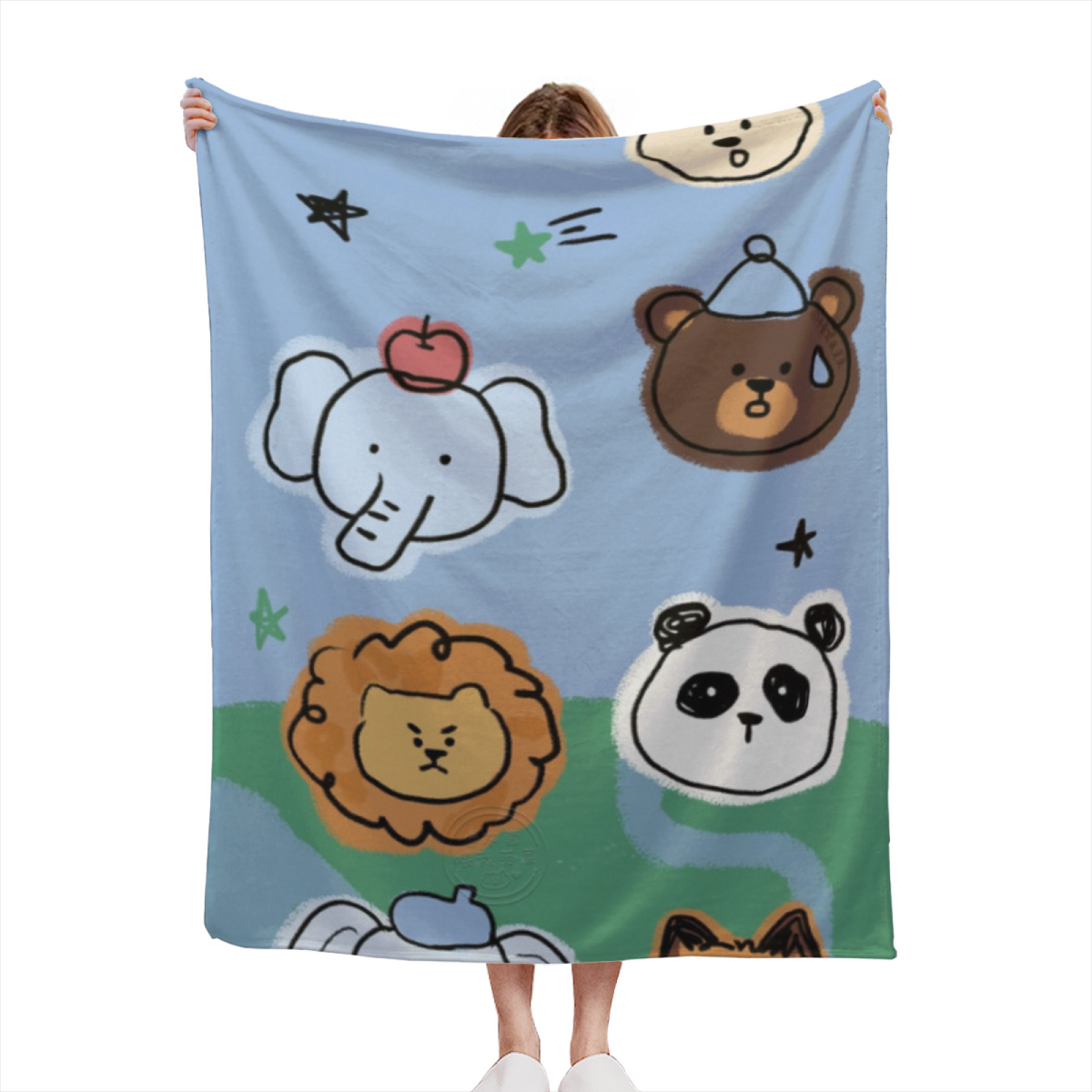 Sky Blue Cute Animal Doodle Soft Flannel Blanket