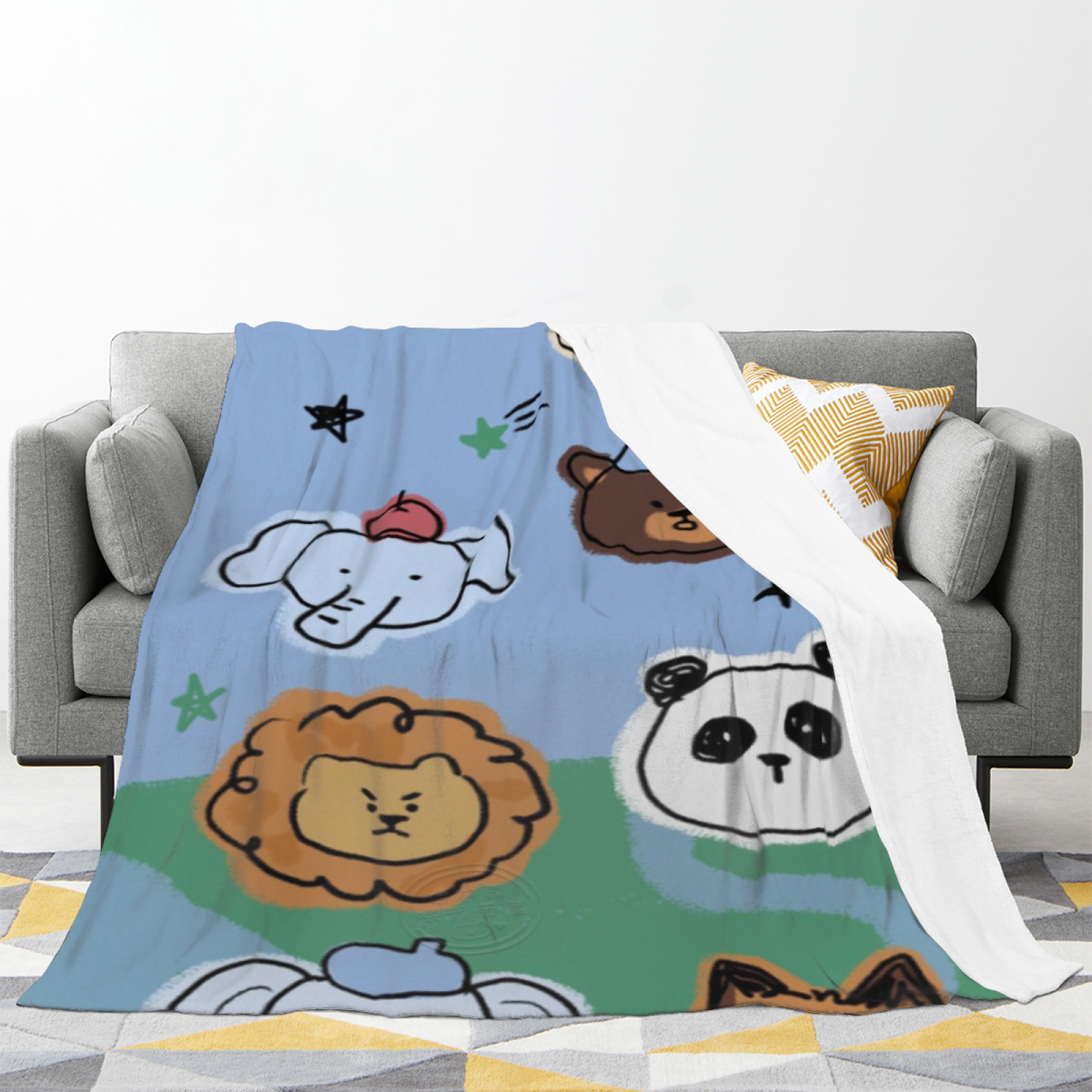 Sky Blue Cute Animal Doodle Soft Flannel Blanket