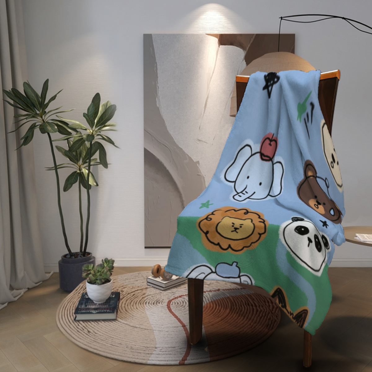 Sky Blue Cute Animal Doodle Soft Flannel Blanket