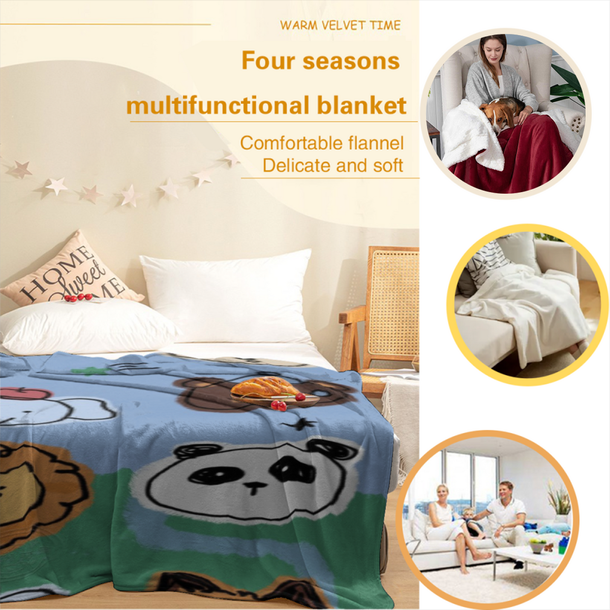 Sky Blue Cute Animal Doodle Soft Flannel Blanket