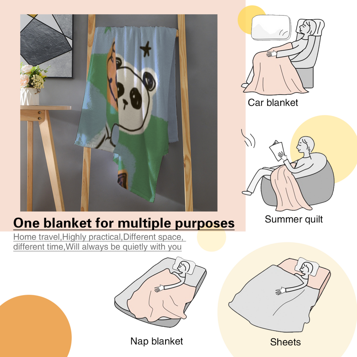 Sky Blue Cute Animal Doodle Soft Flannel Blanket