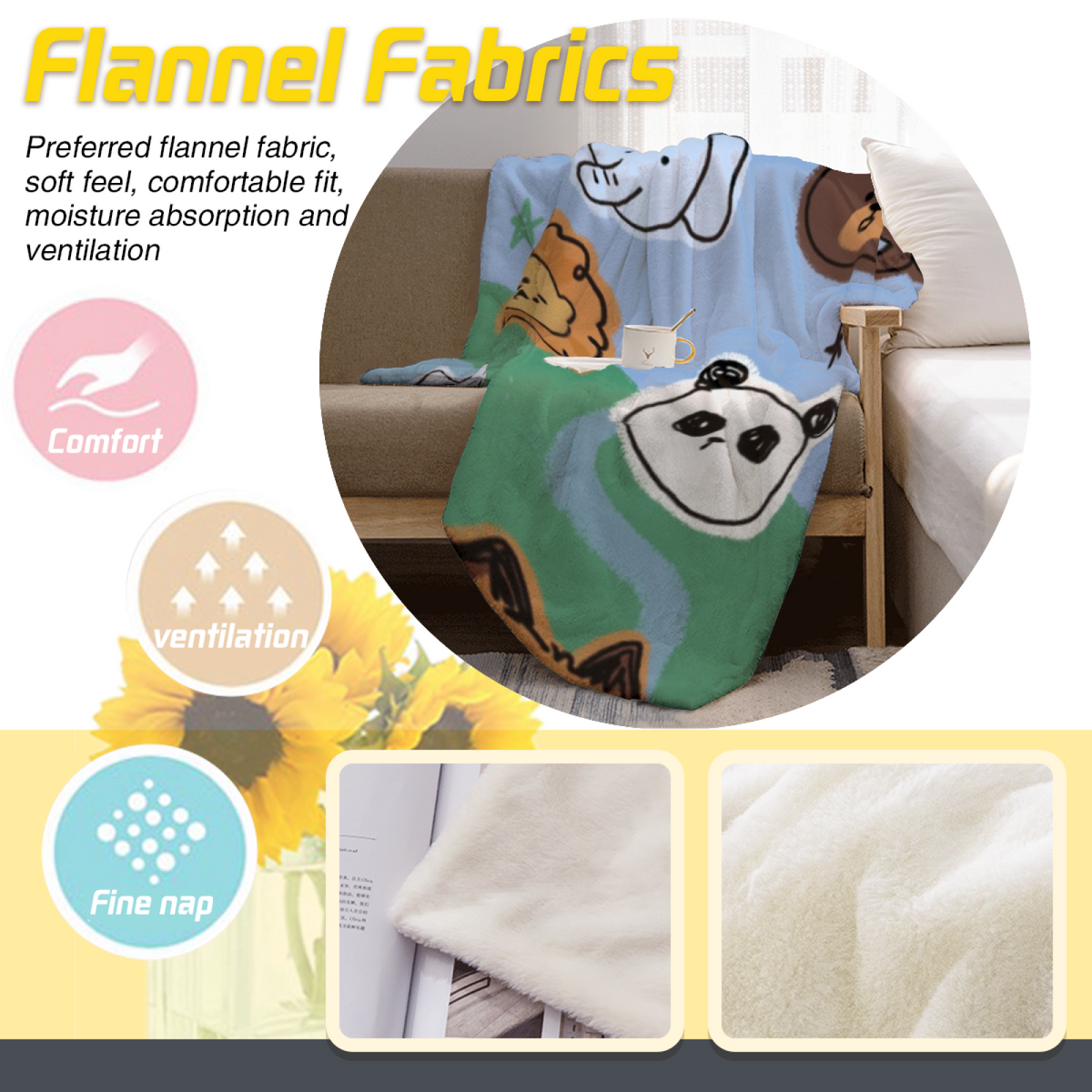Sky Blue Cute Animal Doodle Soft Flannel Blanket