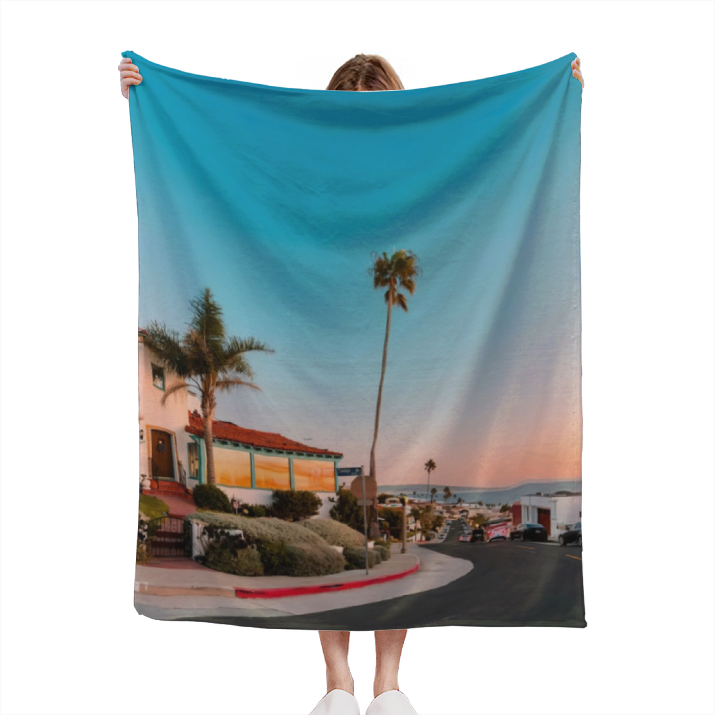 Coastal California Street Flannel Throw Blanket ¨C Palm Trees and Ocean View
