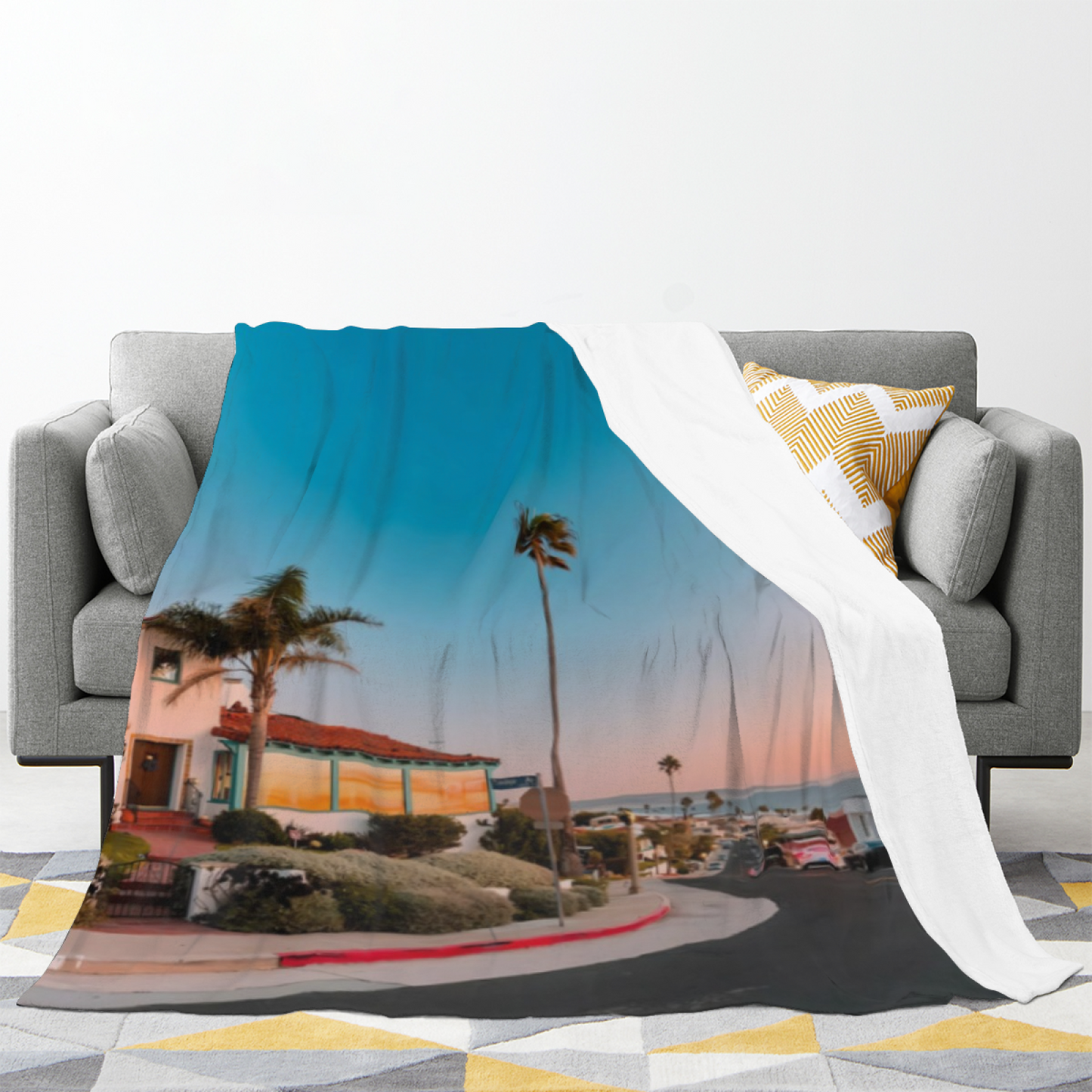 Coastal California Street Flannel Throw Blanket ¨C Palm Trees and Ocean View