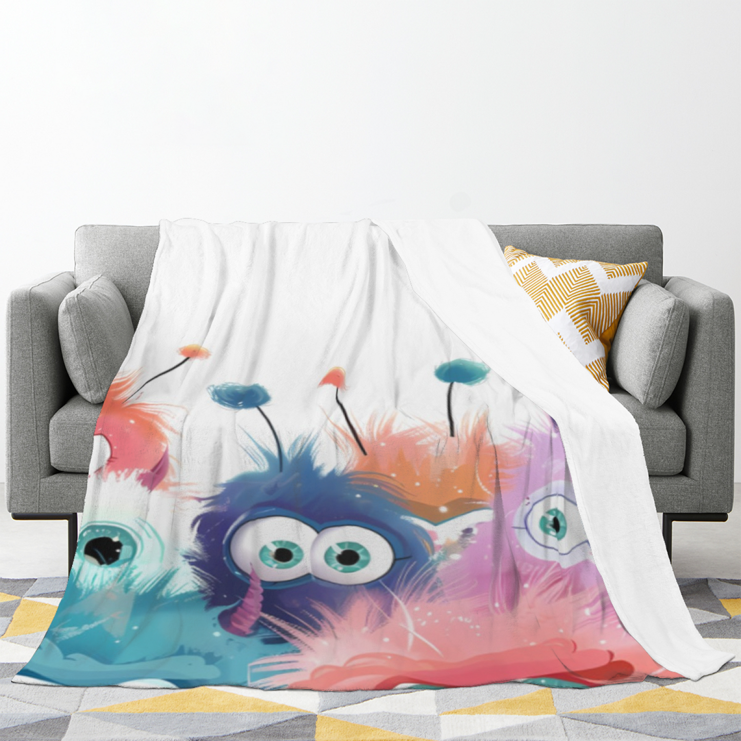 Cute Colorful Monster Flannel Throw Blanket ¨C Pastel Cartoon Character Pattern