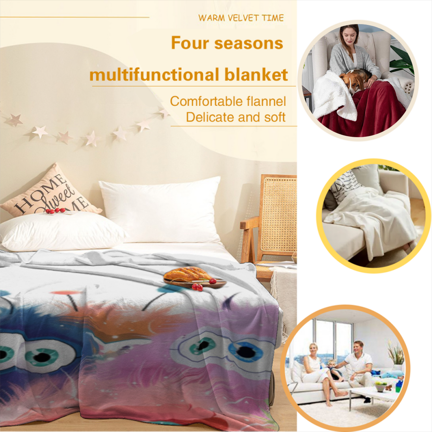 Cute Colorful Monster Flannel Throw Blanket ¨C Pastel Cartoon Character Pattern