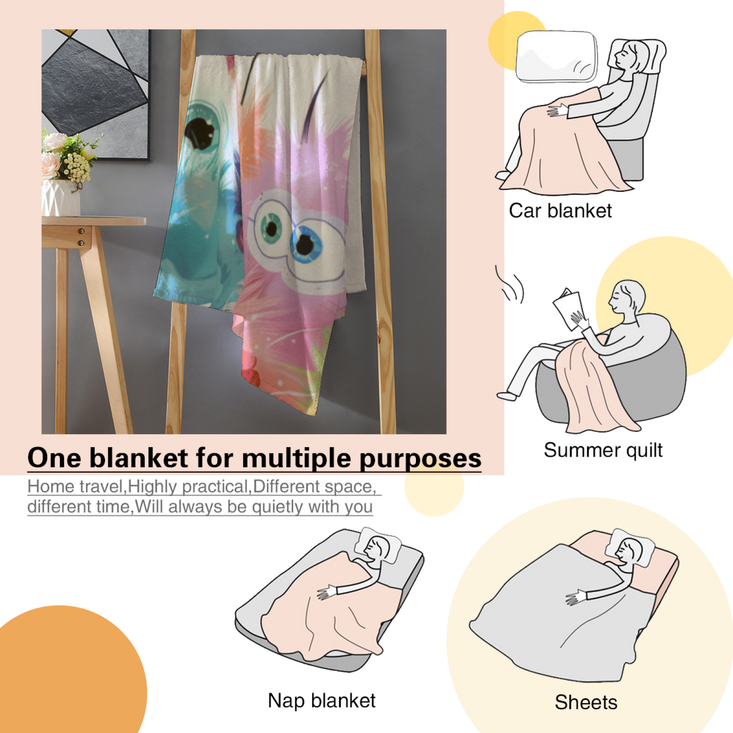 Cute Colorful Monster Flannel Throw Blanket ¨C Pastel Cartoon Character Pattern