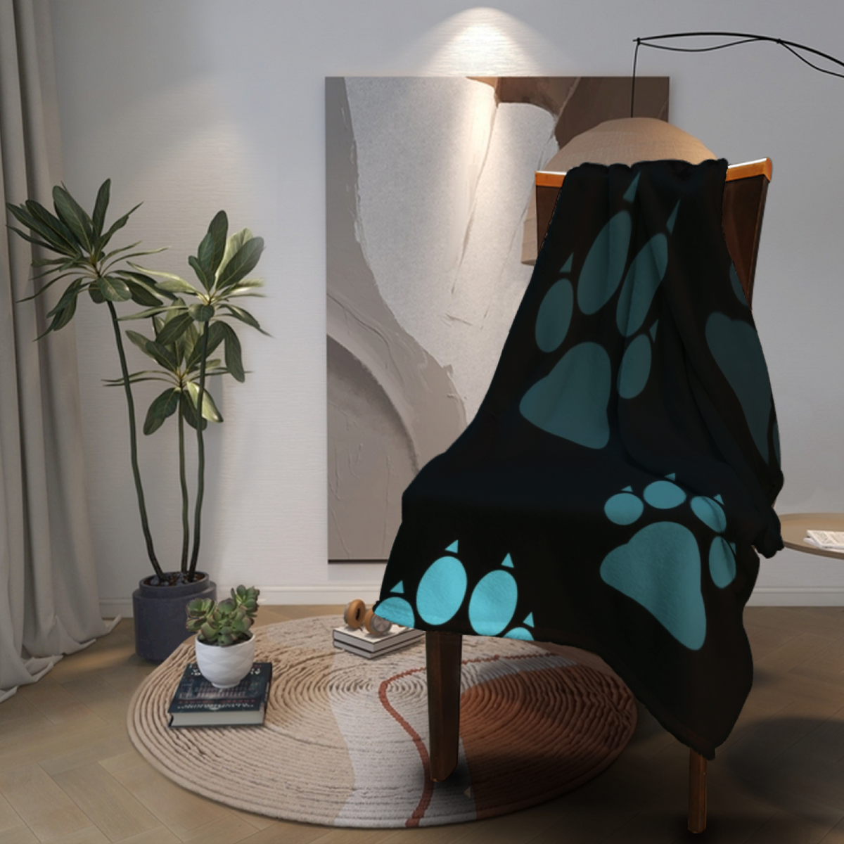 Teal Paw Print Lightweight Flannel Throw