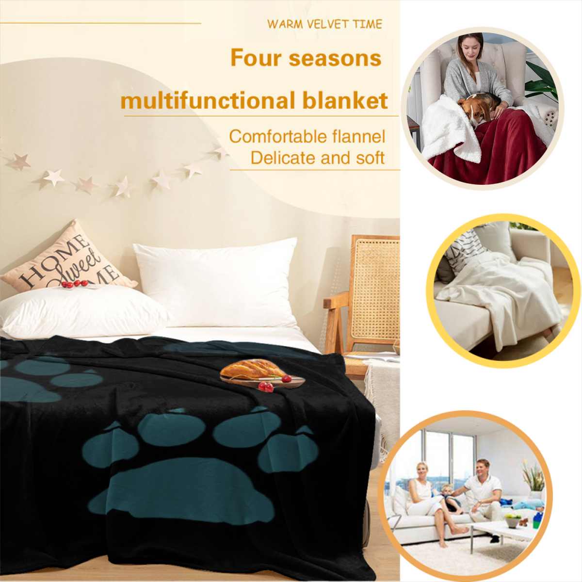 Teal Paw Print Lightweight Flannel Throw