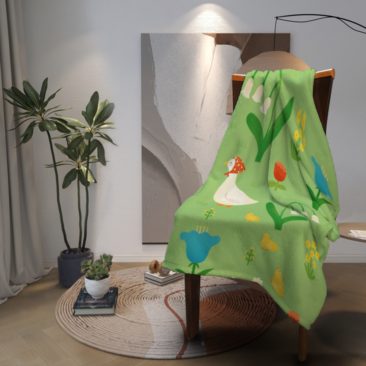 Mossy Orchard Pale Sage Modern Art Flannel Throw Blanket
