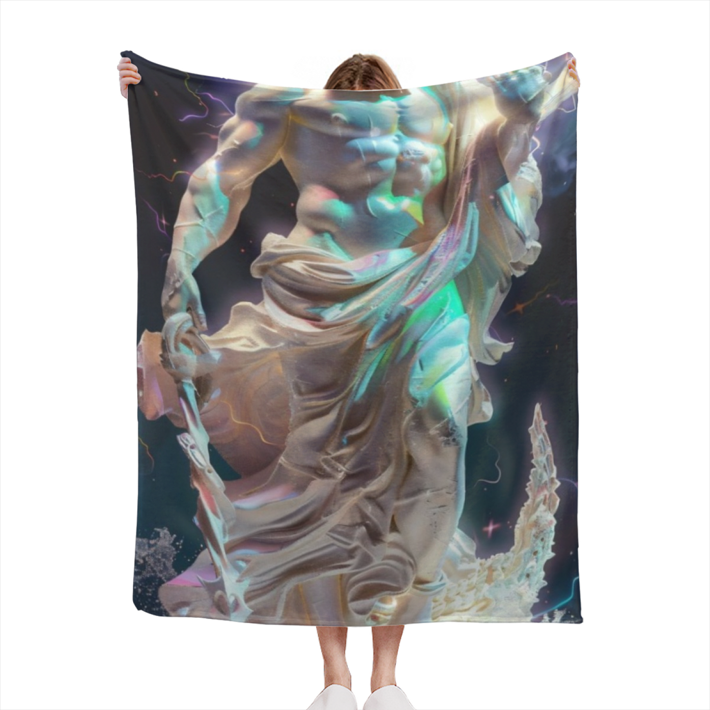 Futuristic Marble Warrior Flannel Throw Blanket ¨C Neon Fantasy Digital Art