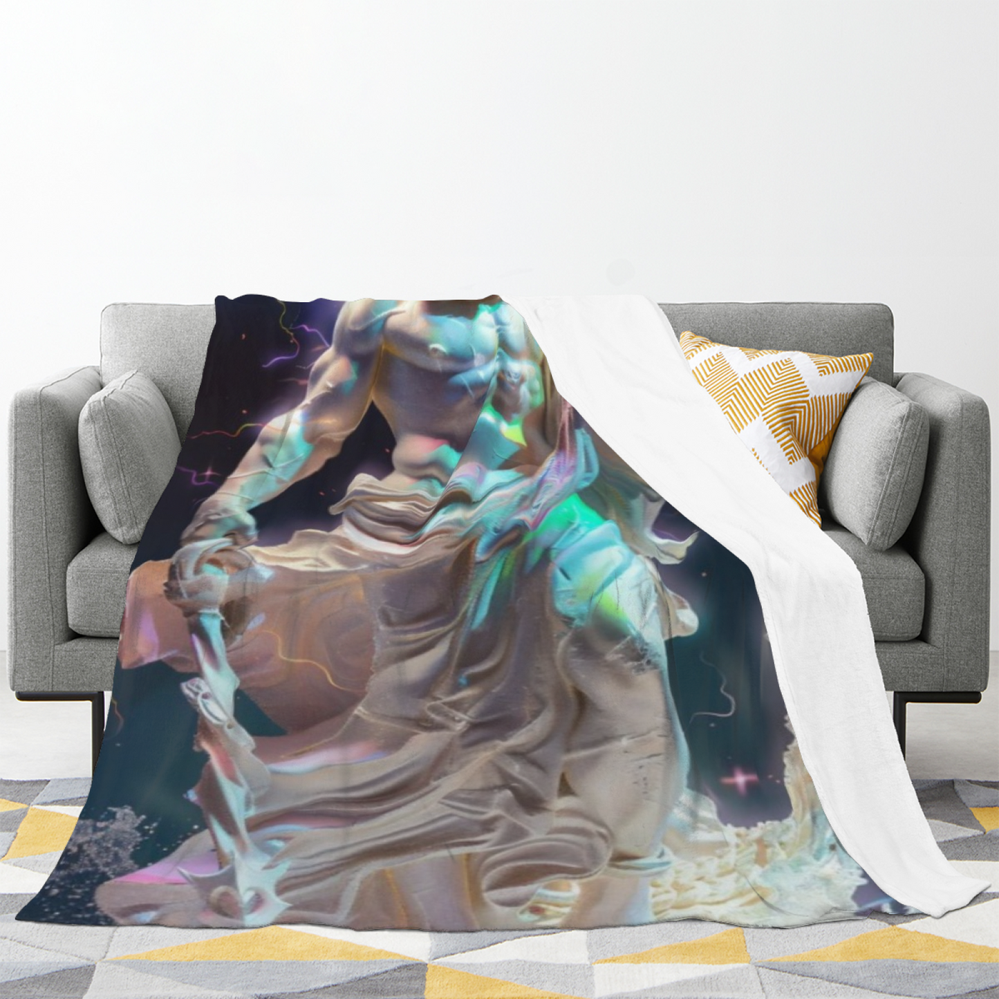 Futuristic Marble Warrior Flannel Throw Blanket ¨C Neon Fantasy Digital Art